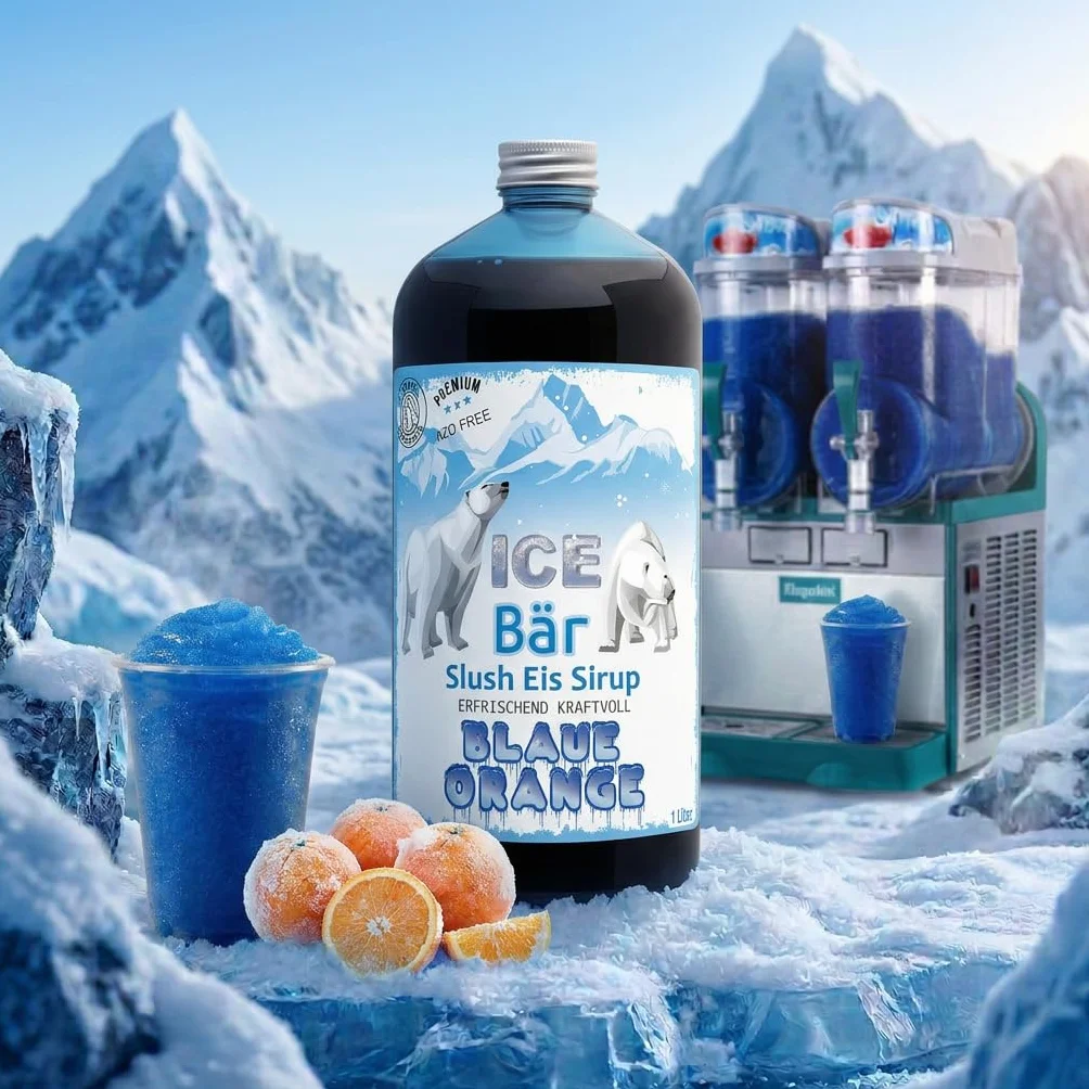 ICE Bear syrop wolny od azu, butelka 1 l, koncentrat do przyrządzania napojów slushy, maszyn do lodów, maszyn do lodów od 1:5 do 1:20 (niebieski pomarańczowy)