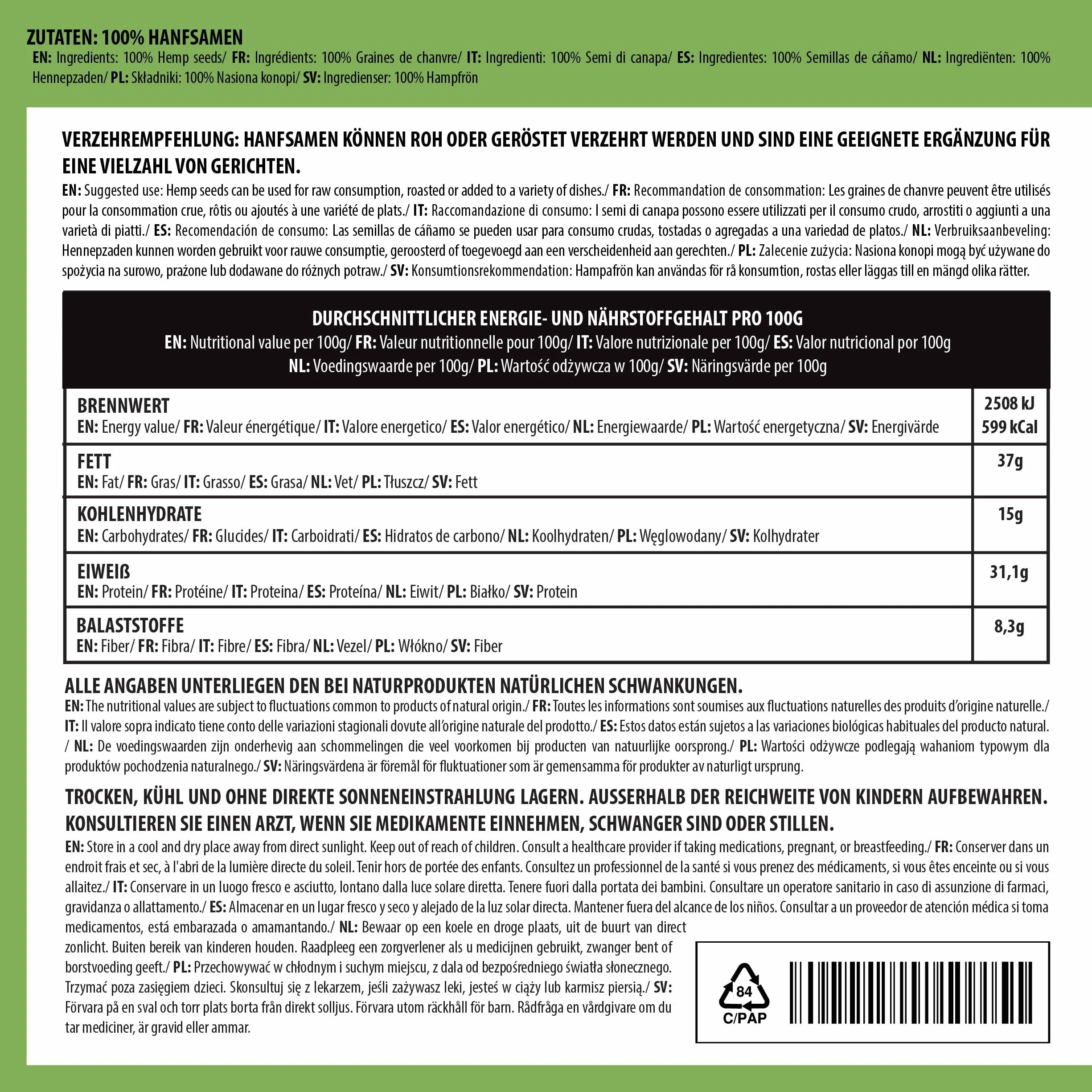 Alpi Nature Łuskane Nasiona Konopi 250g, Łuskane Nasiona Konopi, Całe Łuskane Ziarna Konopi
