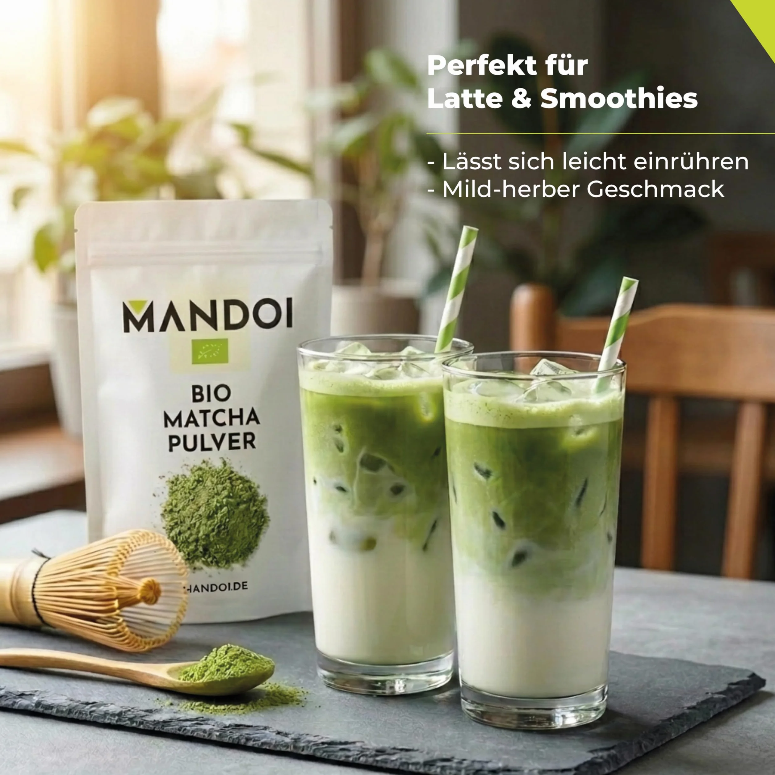 Mandoi Bio Matcha herbata w proszku, 100 g, Bio matcha w proszku, idealny do koktajli, shake'ów lub pieczenia, Green Tea Powder.