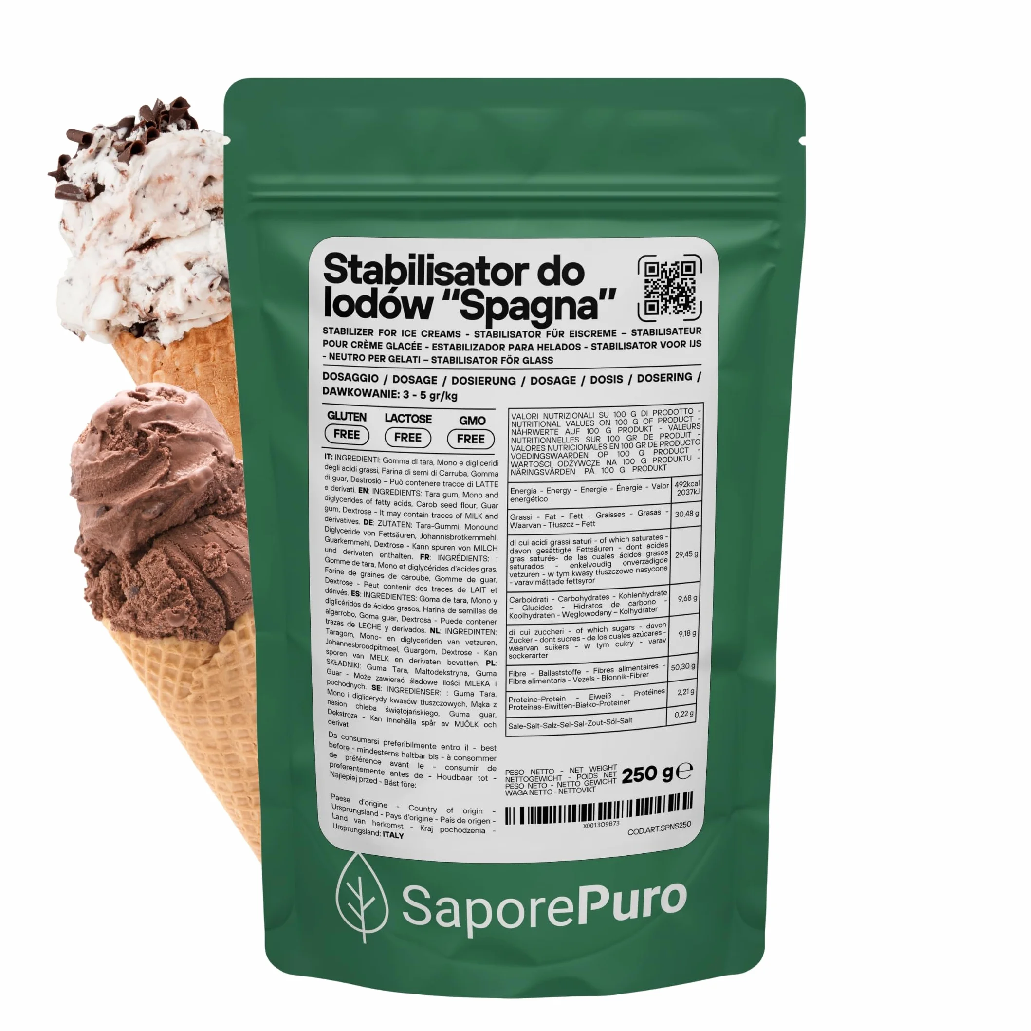 Saporepuro Stabilizator do lodów i sorbetów 250 gr, z mąką z nasion chleba świętojańskiego, mąką z tary, mąką z nasion guar, emulgatorem