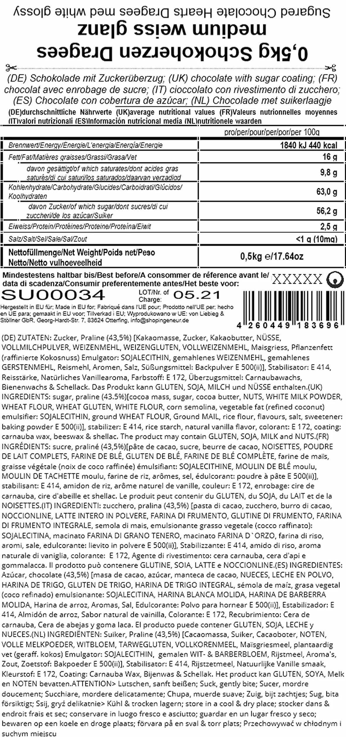 EinsSein 0,5 kg czekoladowe drażetki w kształcie serca, średnio-białe, błyszczące, prezenty dla gości weselnych, chrzciny, komunii, urodziny dziecka | drażetki czekoladowe, drażetki w kształcie serca