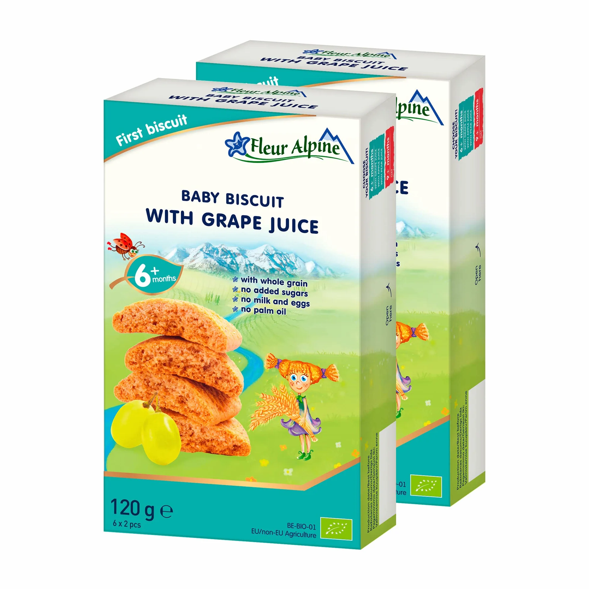 Fleur Alpine Baby Herbatniki z Sokiem Winogronowym -12x2 Pyszne przekąski dla niemowląt na pyszną, gładką owsiankę śniadaniową przekąskę między posiłkami | Łatwe ciasteczka pełnoziarniste| 6 miesięcy