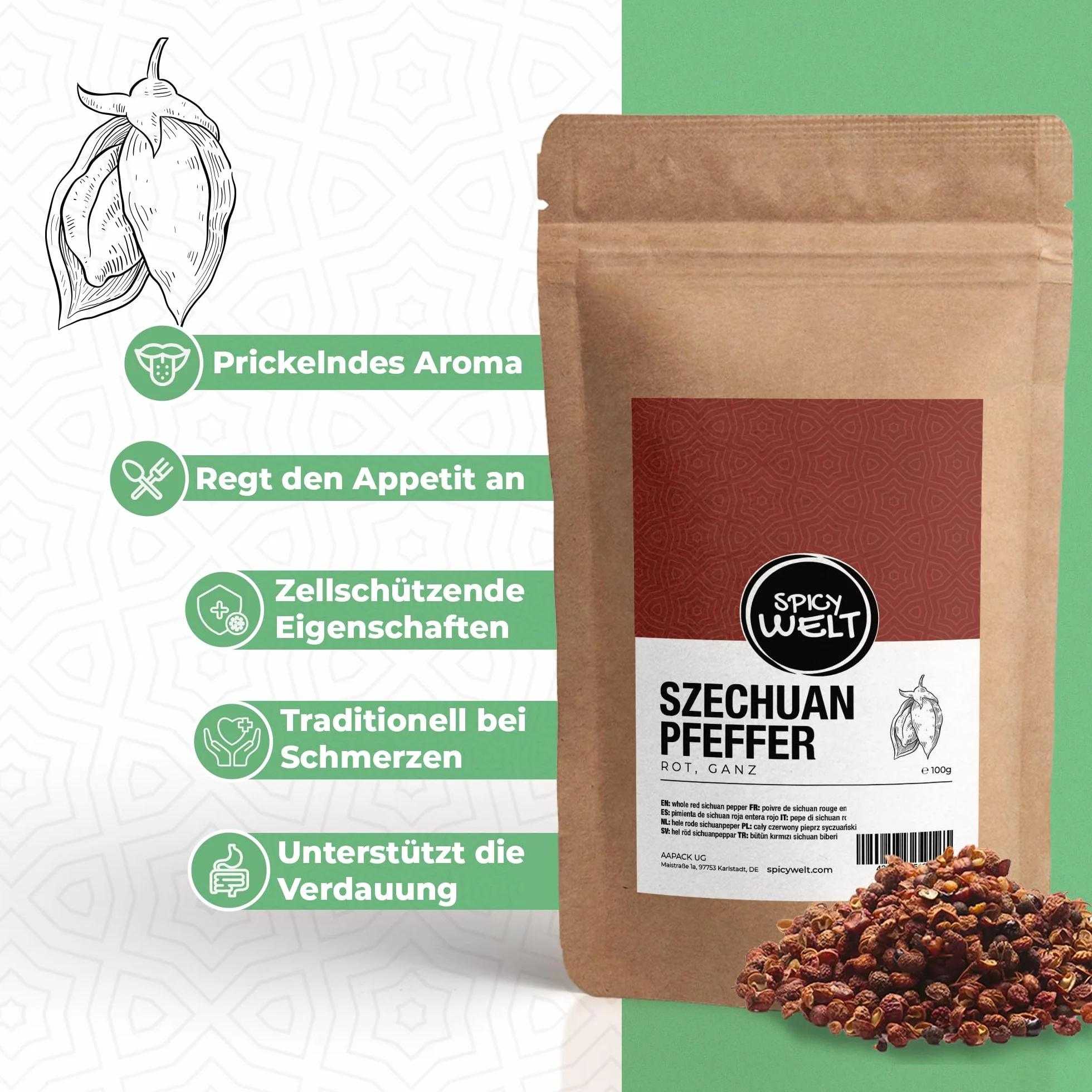 Spicy Welt Pieprz Syczuański Czerwony Cały (100g) – Ziarna do Kuchni Chińskiej, Woka, Mapo Tofu, Kaczki, Kurczaka i Marynat | Cytrusowy Aromat i Efekt Mrowienia | 100% Naturalny, Bez Dodatków