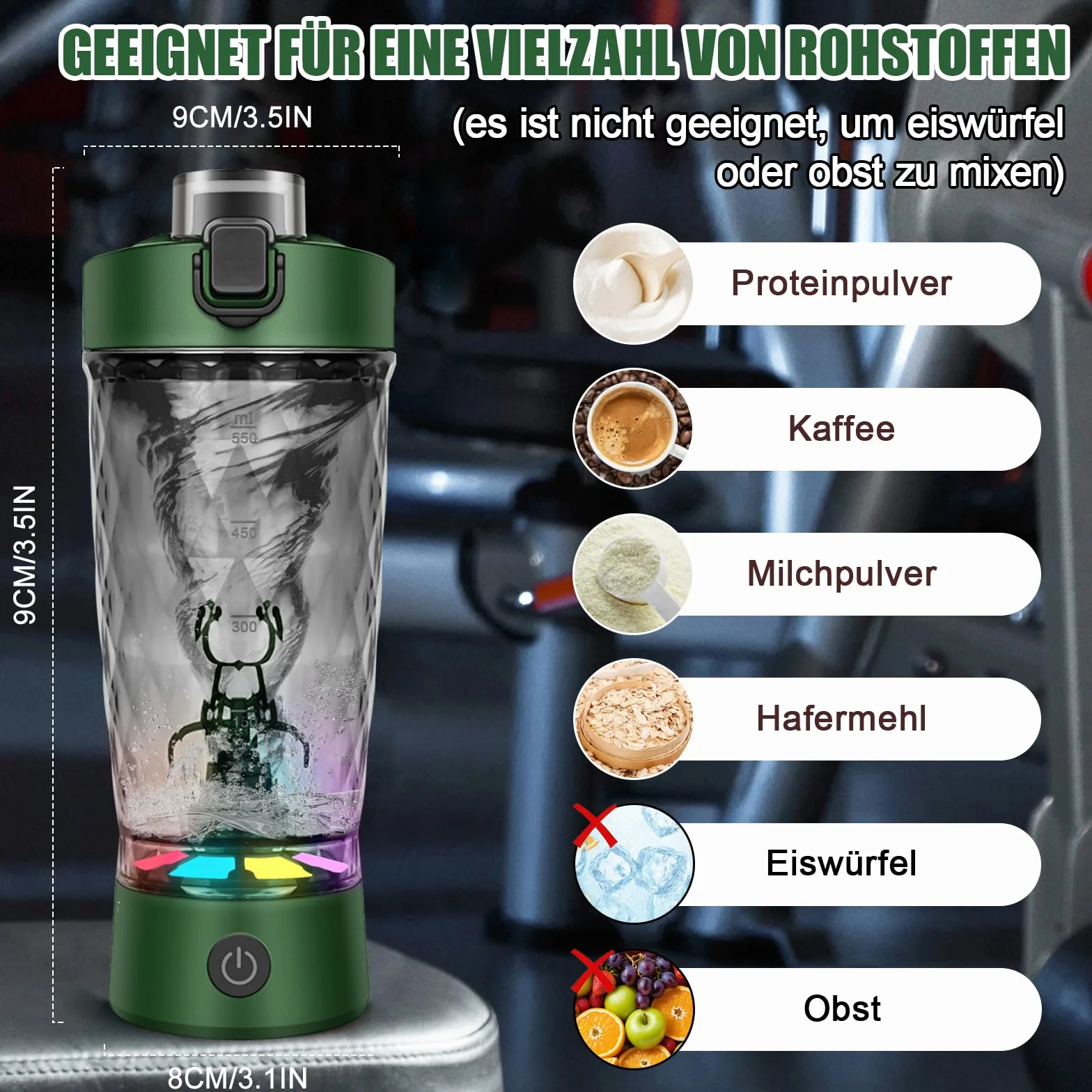 Elektryczny shaker 650 ml z komorą na proszek, ładowany przez USB, BPA free, zielony