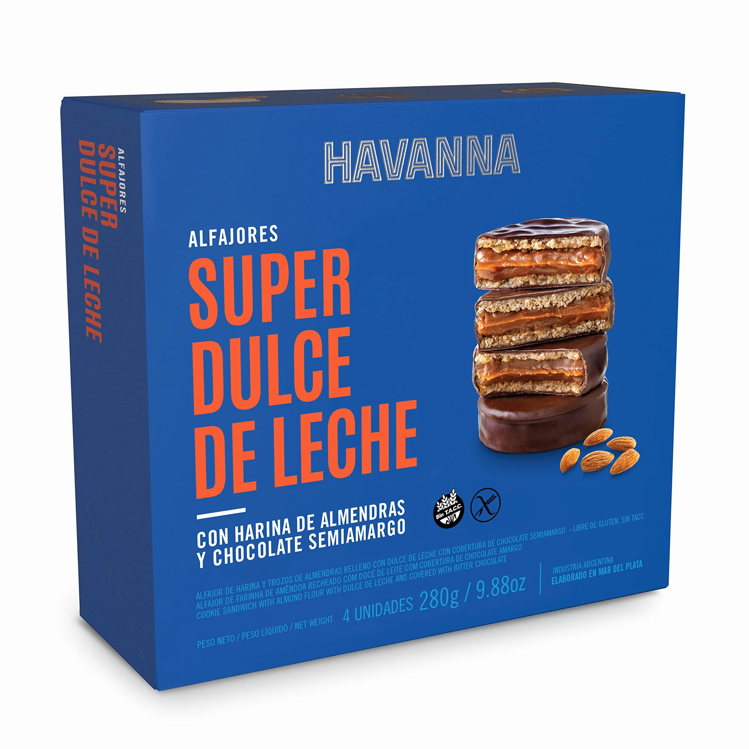 Havanna | Alfajores z Czekoladą Gorzka i Mąką Migdałową | Ciastka Oblane Czekoladą z Nadzieniem z Dulce de Leche | Bez Glutenu | 4 Sztuki | 280 g