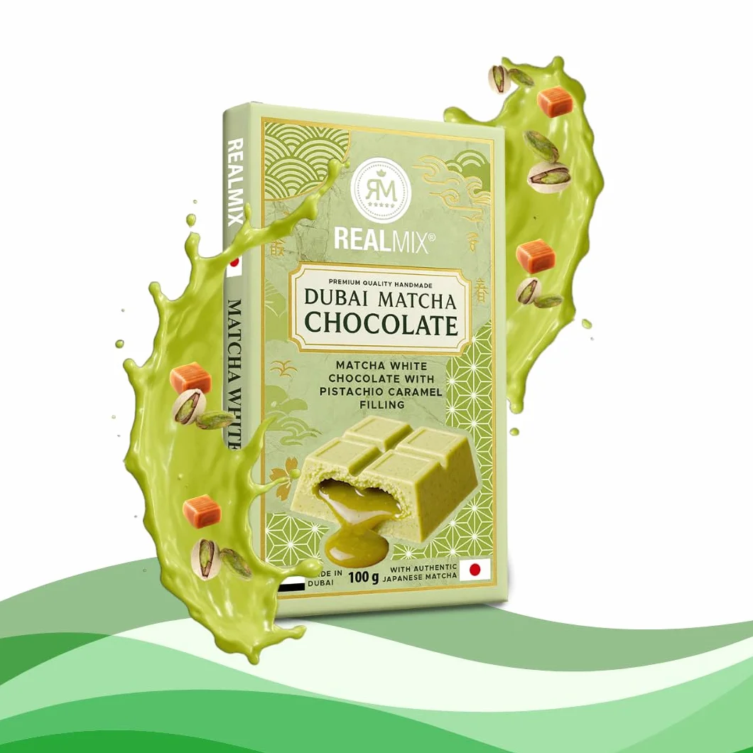 REALMIX Czekolada z Dubaju z Japońską Matchą – Tabliczka Premium z Kremem Pistacjowym i Karmelem – 100g