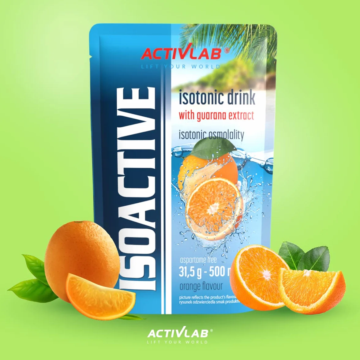 Activlab Isoactive Isotonic Drink z Guana, elektrolit, witaminy B, 20 x 31,5 g, pomarańczowy, z guaraną, 500 ml napoju sportowego, praktyczny woreczek, 3 x sprawdzony laboratoryjnie