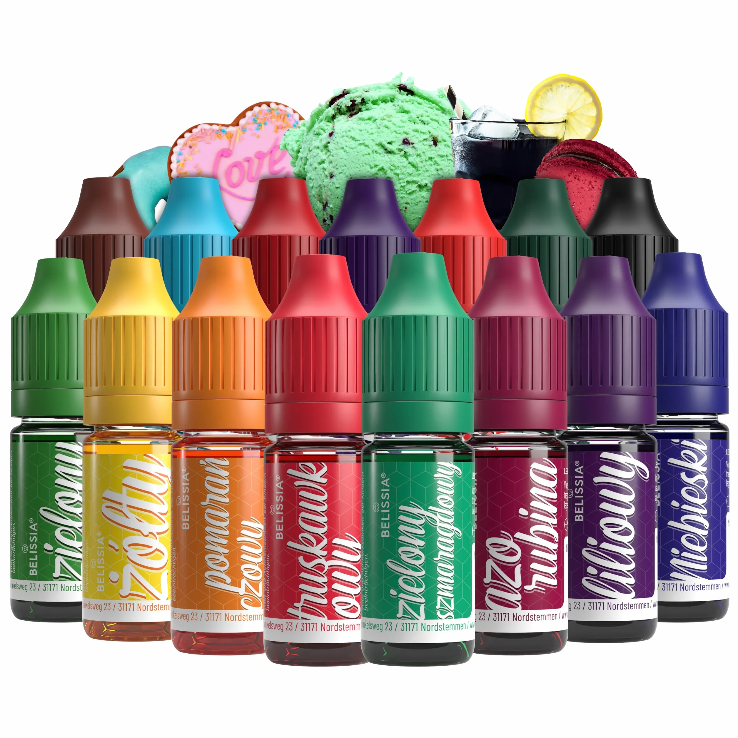 Belissia zestaw barwników spozywczych 15x10ml wysoko skoncentrowany barwnik, wyprodukowany w Niemczech, bez cukru, plynny, do barwienia napojów, ciast, ciasta, polew, gluta i wiele innych.