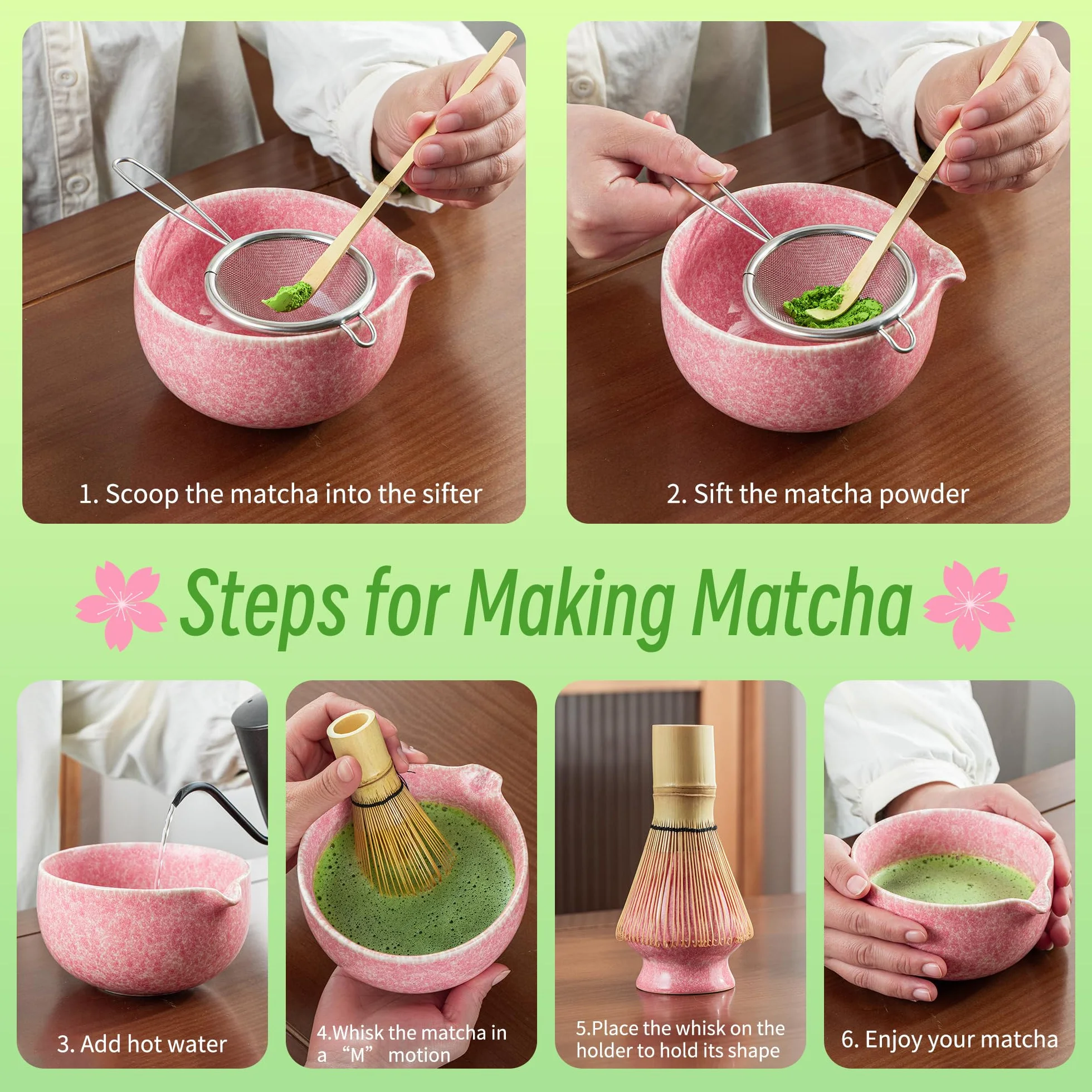 TEANAGOO Zestaw trzepaczek Matcha, zestaw 7 szt., różowy, zestaw do ceremonii matcha, zestaw do herbaty matcha do robienia latte, ceramiczna miska (chawan) z wylewką i trzepaczką, prezent dla