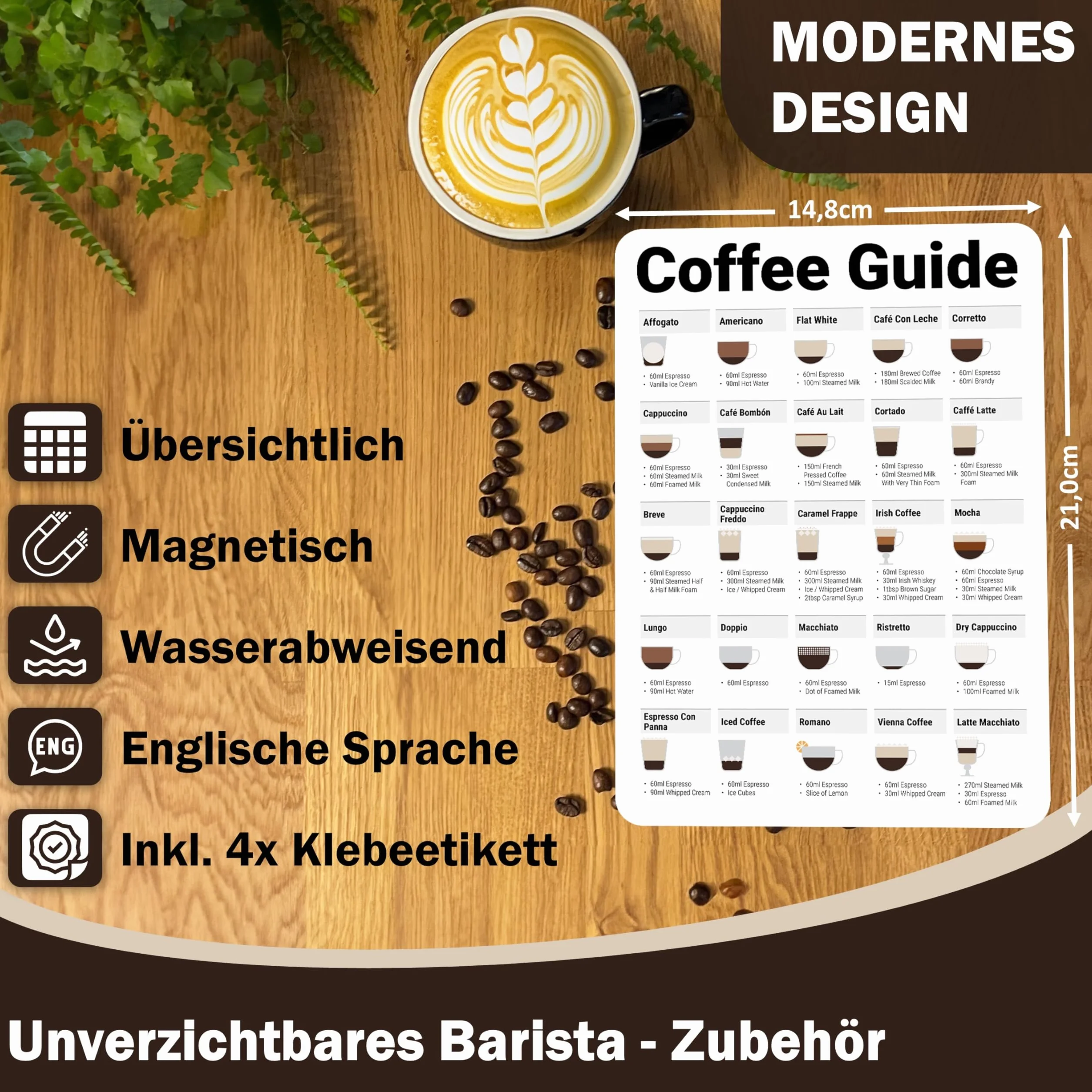 Wuni Barista akcesoria – magnetyczny przewodnik po kawie – akcesoria do kawy z 25 specjalnościami, espresso i kawa – prezent dla ekspresu do sitka