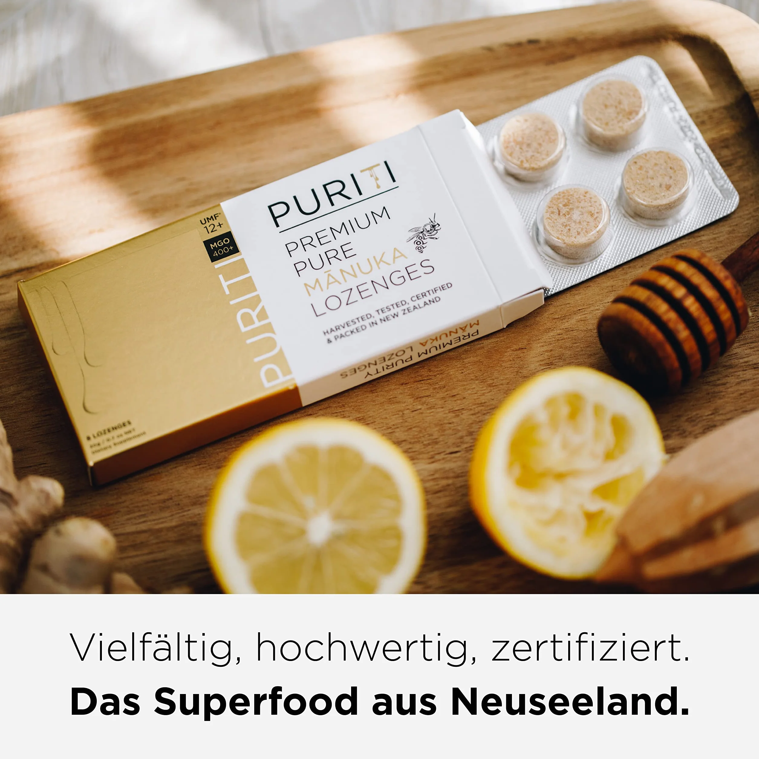 PURITI Manuka cukierki miodowe MGO 400+ z Nowej Zelandii z 92% miodu Manuka, bez dodatku cukru, bez sztucznych dodatków – 8 cukierków do ssania, 20 g