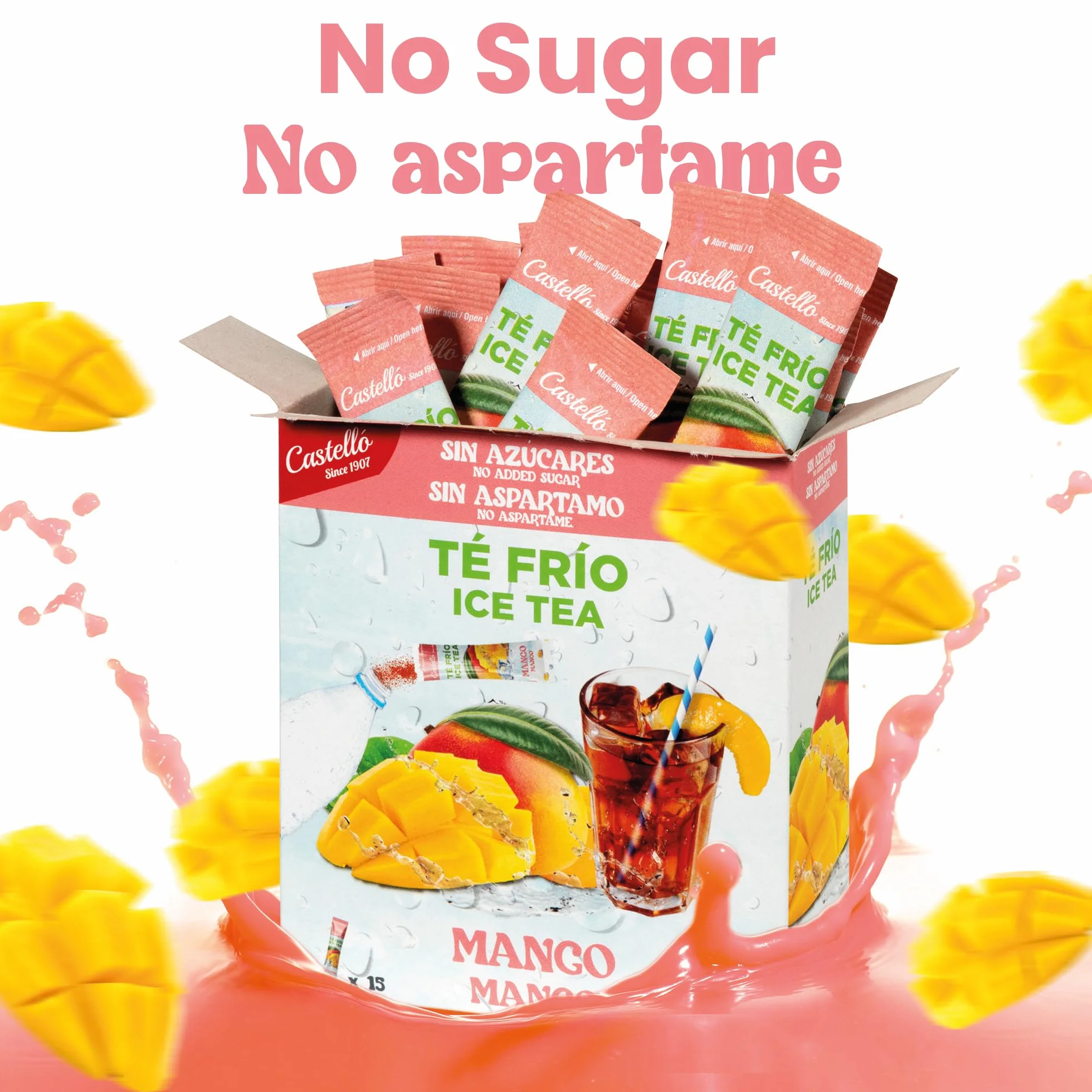 Castello since 1907 Mrożona Herbata (Ice Tea - Iced Tea) Rozpuszczalna Zero w Saszetkach | Mango | 36 Sztuk | Zero Kalorii, Bez Cukru, Bez Aspartamu