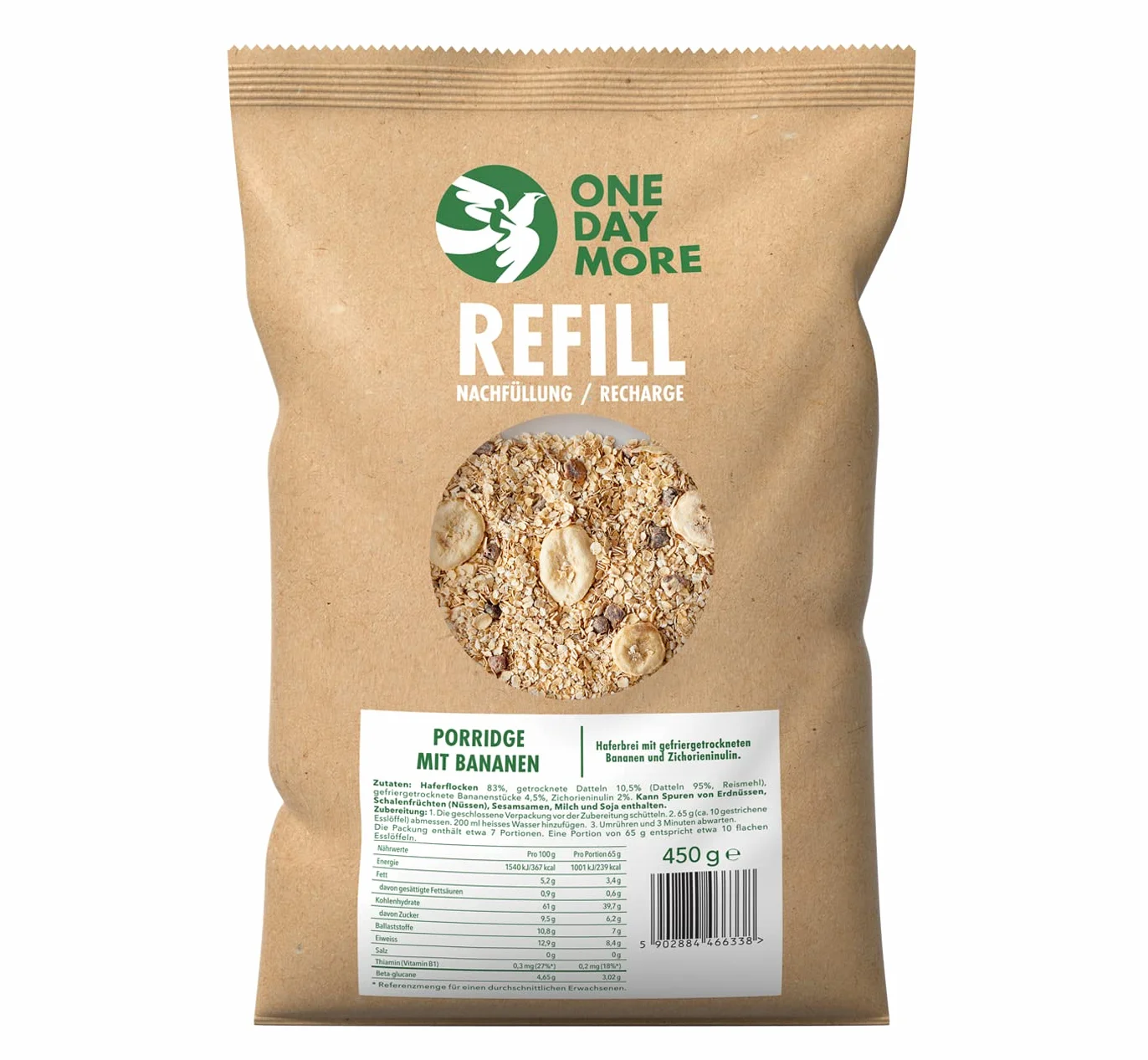 OneDayMore Owsianka Bananowa Bez Dodatku Cukru | Refill 4-pak x 450 g | Płatki owsiane z liofilizowanym bananem i inuliną z korzenia cykorii | Szybkie śniadanie
