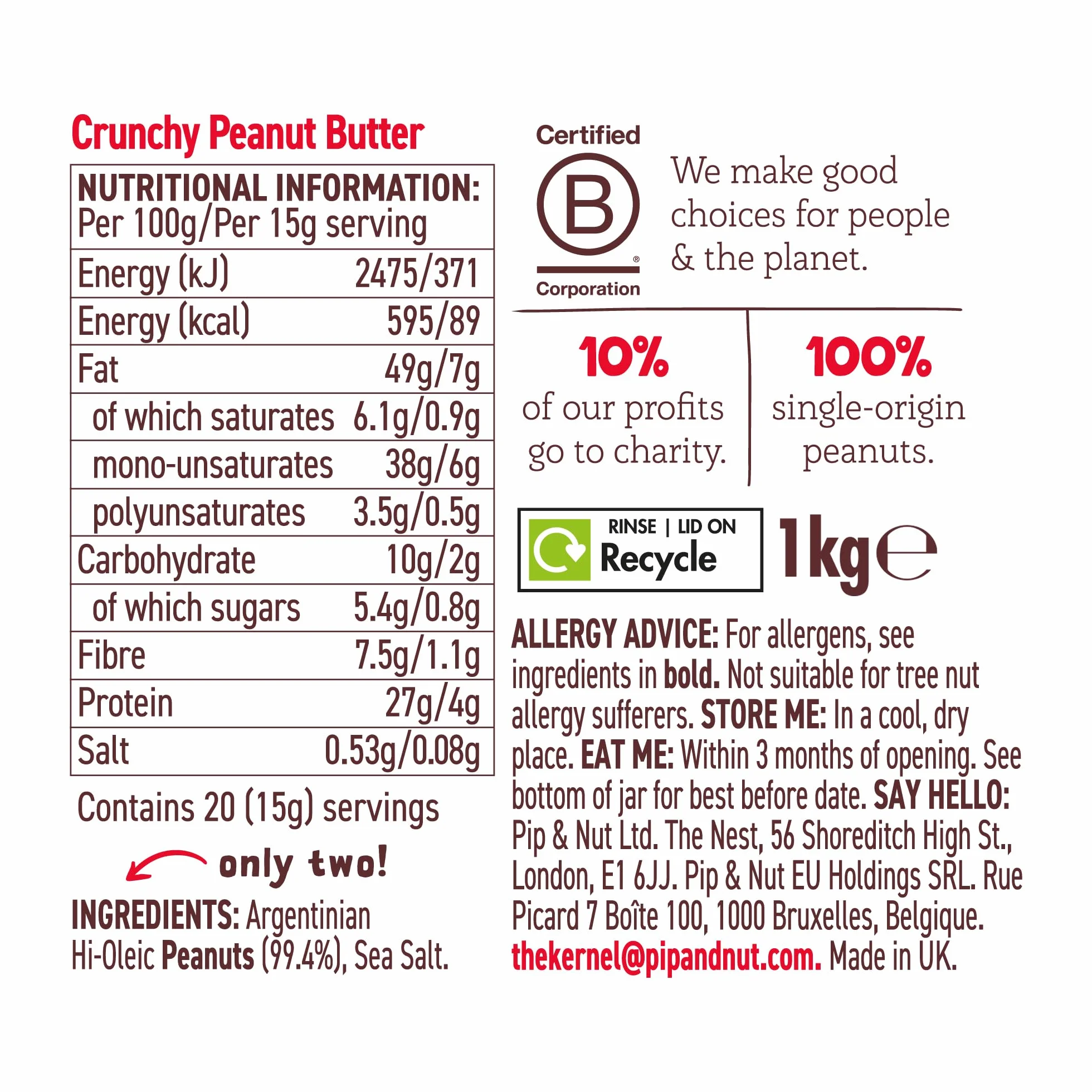 Pip & Nut Chrupiące masło orzechowe 1 kg naturalne bez oleju palmowego bez dodatku cukru orzeszki ziemne hi-oleinowe bezglutenowe wegańskie