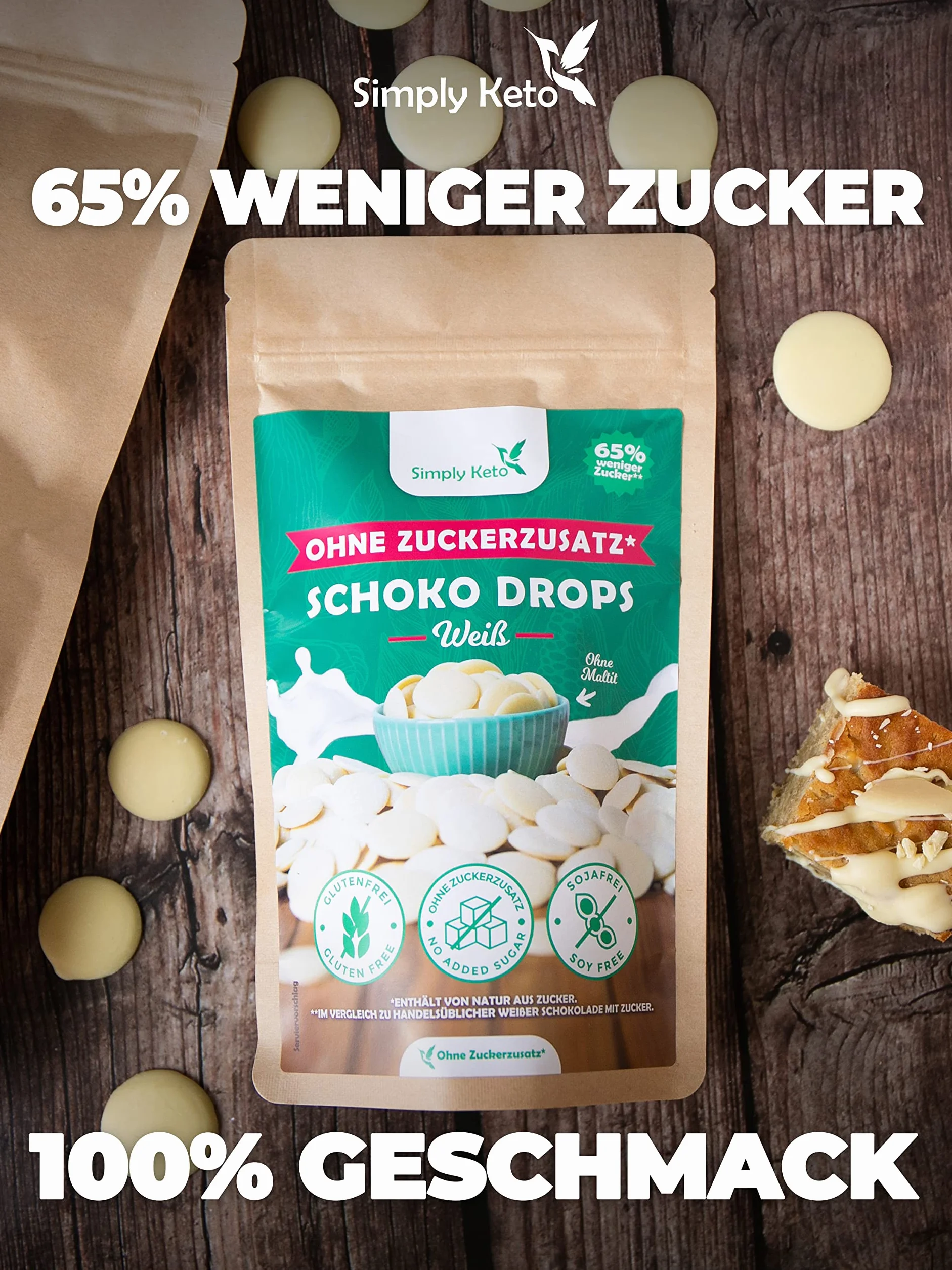 Simply Keto Lower carb* czekoladowe krople bez dodatku cukru 750 g – białe krople czekoladowe do podjadania lub pieczenia