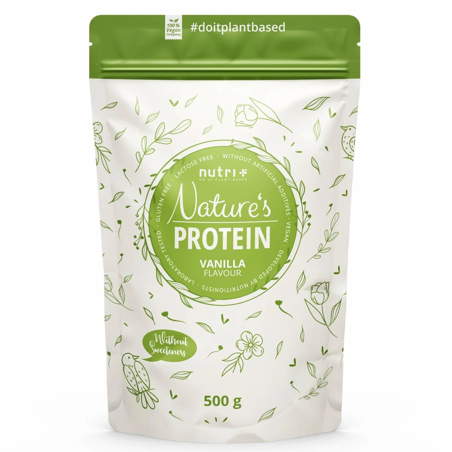 NATURES PROTEIN smak waniliowy 500g naturalne białko w proszku bez słodzika laktozy cukru mleka 83,1% białka roślinnego bezglutenowego