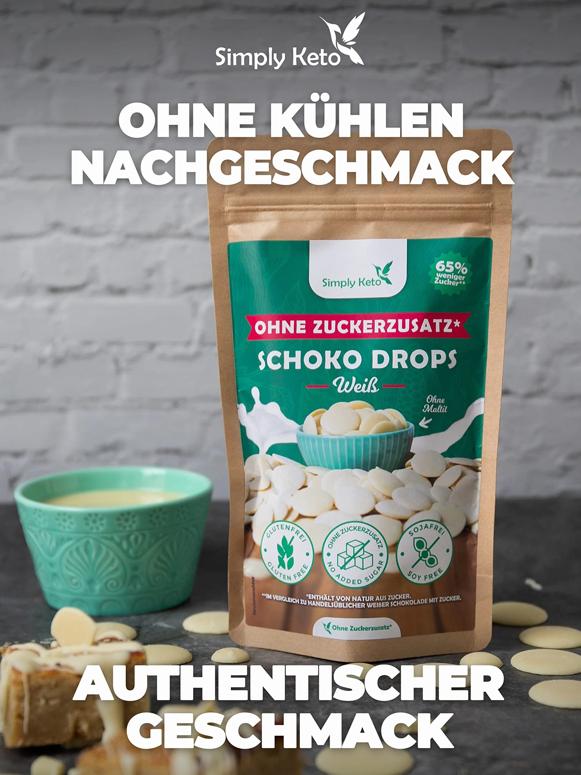 Simply Keto Lower carb* czekoladowe krople bez dodatku cukru 750 g – białe krople czekoladowe do podjadania lub pieczenia