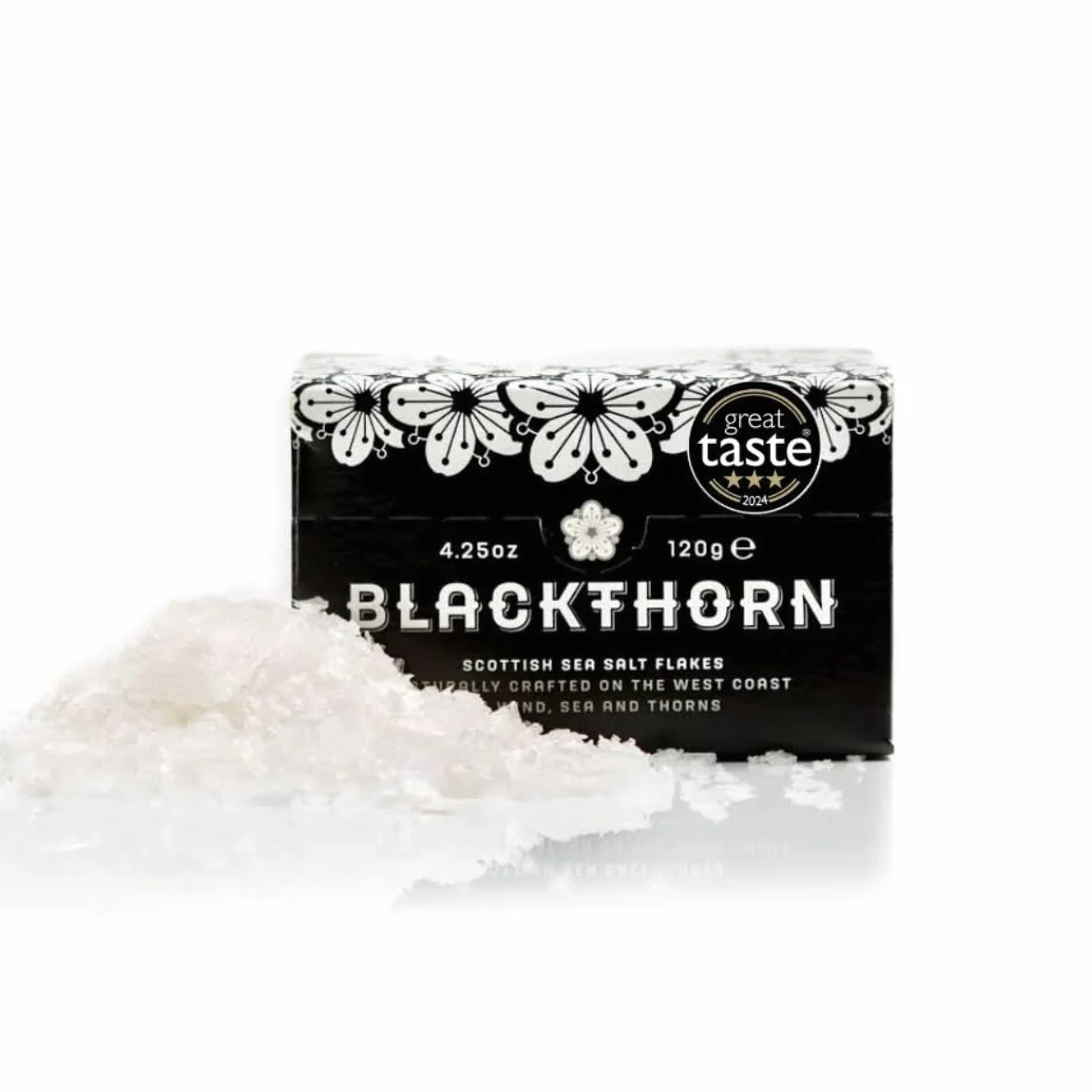Blackthorn Szkocka Sól Morska w Płatkach – Ręcznie zbierana, suszona na gałązkach tarniny, niefiltrowana, idealna do gotowania i jako sól wykończeniowa (120 g)