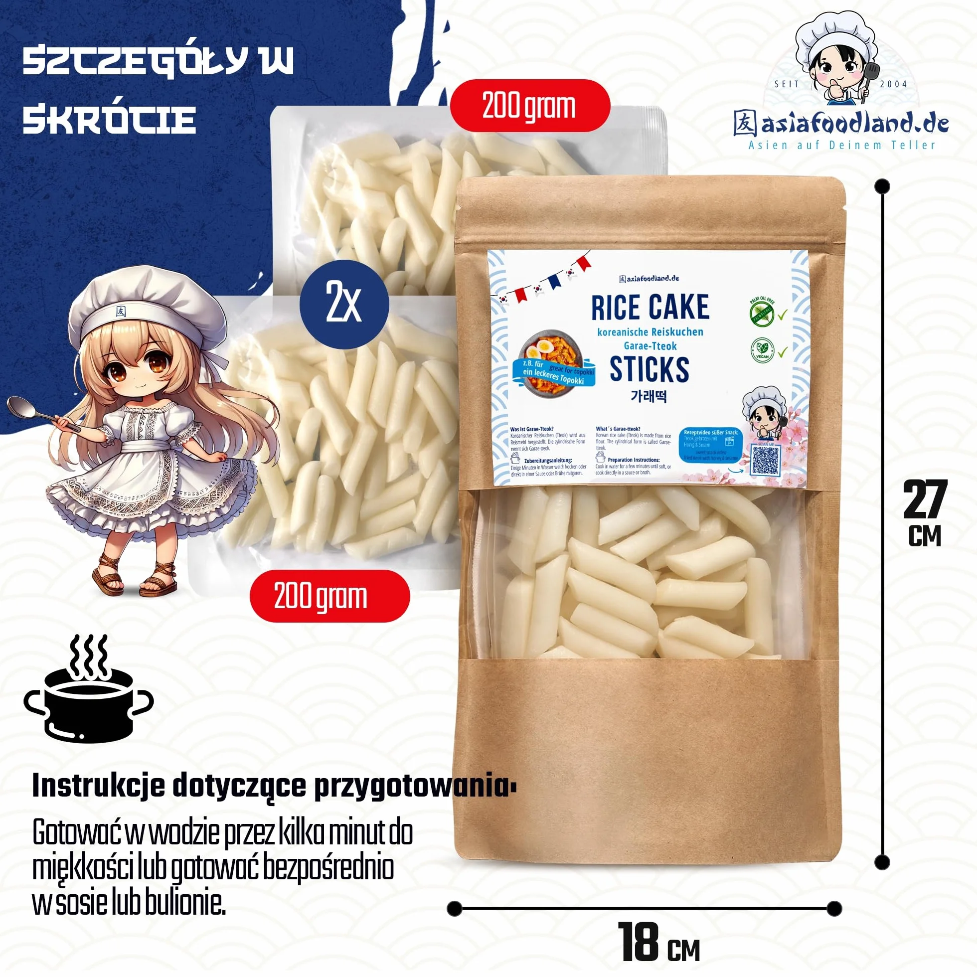 asiafoodland - Ciasto ryżowe naturalne - Paluszki ryżowe - Ciasto ryżowe - Makaron ryżowy - np. do Tteok-bokki/Topokki, 1 opakowanie (1 x 400g)