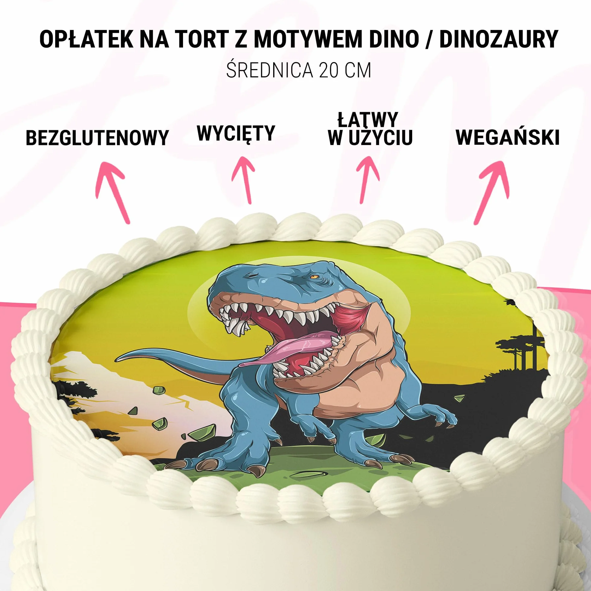 J&M DECO Opłatek na tort Dinozaury Ø20 cm – jadalna dekoracja urodzinowa z motywem dinozaurów – topper prehistoryczny dla dzieci – bezglutenowy i wegański