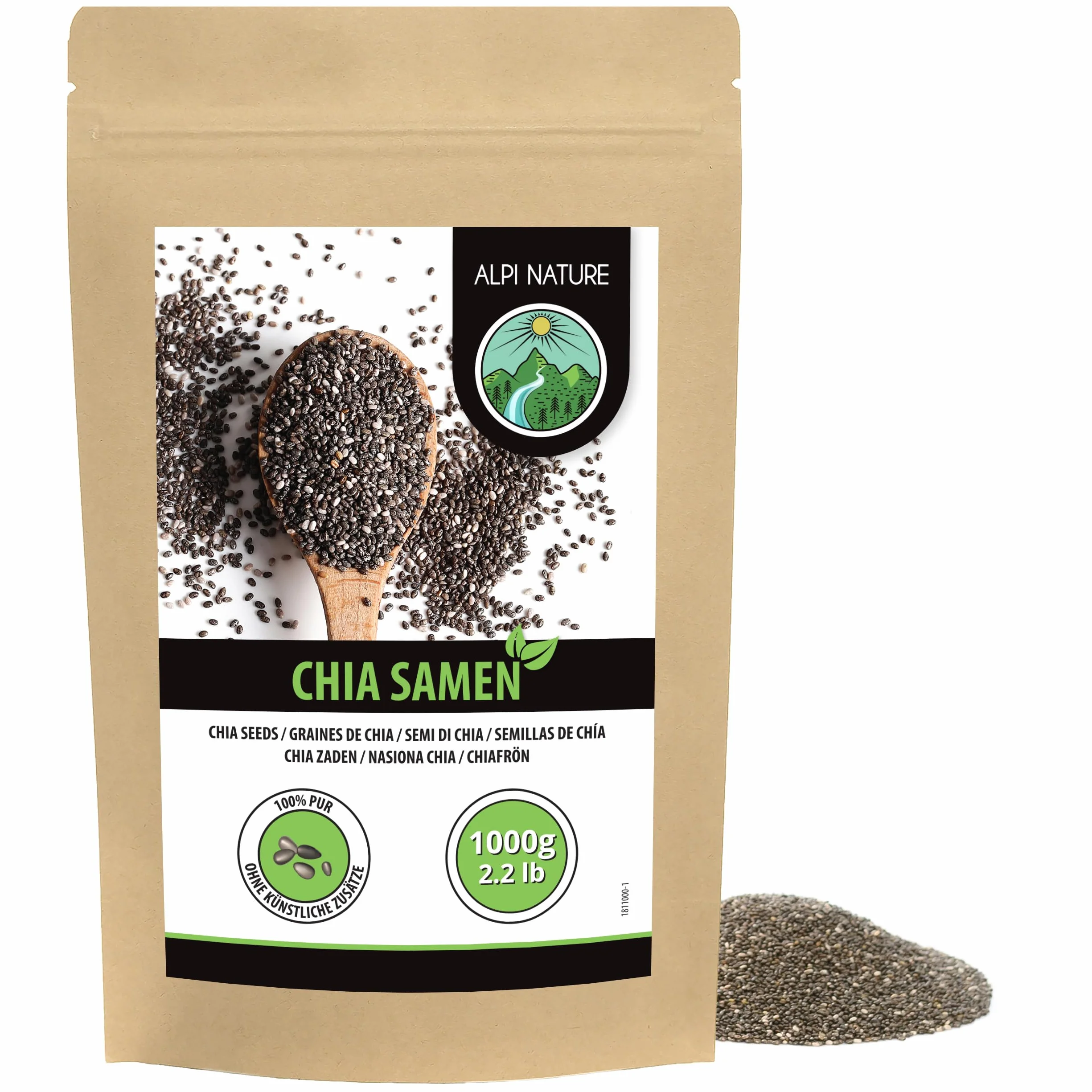 Alpi Nature Nasiona Chia 1kg, Całe Surowe Czarne Nasiona Chia do Smoothie, Jogurtu i Musli
