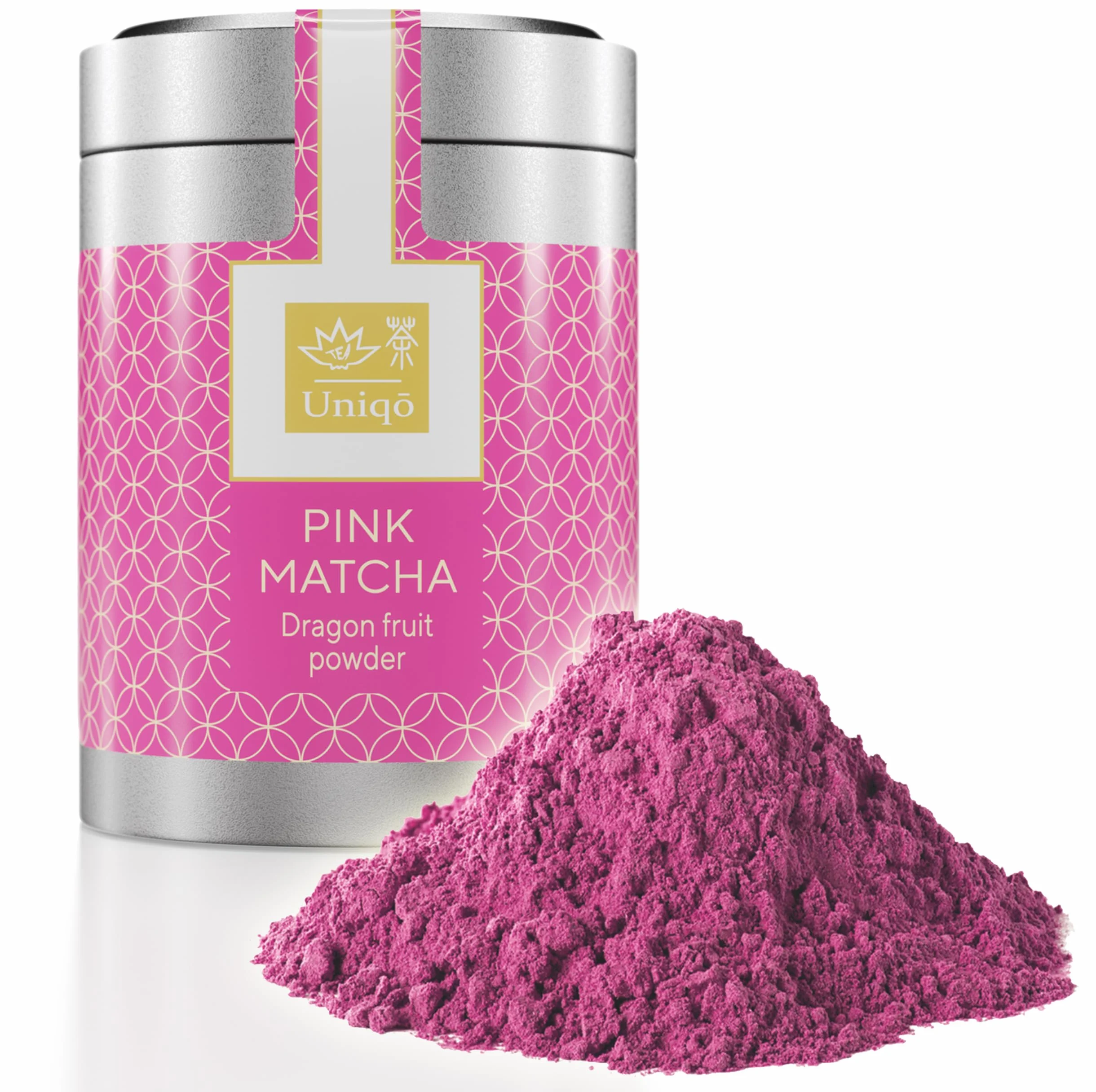 Tea Uniqo różowa herbata matcha w proszku – idealna do picia, lodów, latte, koktajli, do pieczenia lub gotowania, smoczy owoc w proszku, 100% naturalny, w puszce, superfood, proszek ze smoczego owocu
