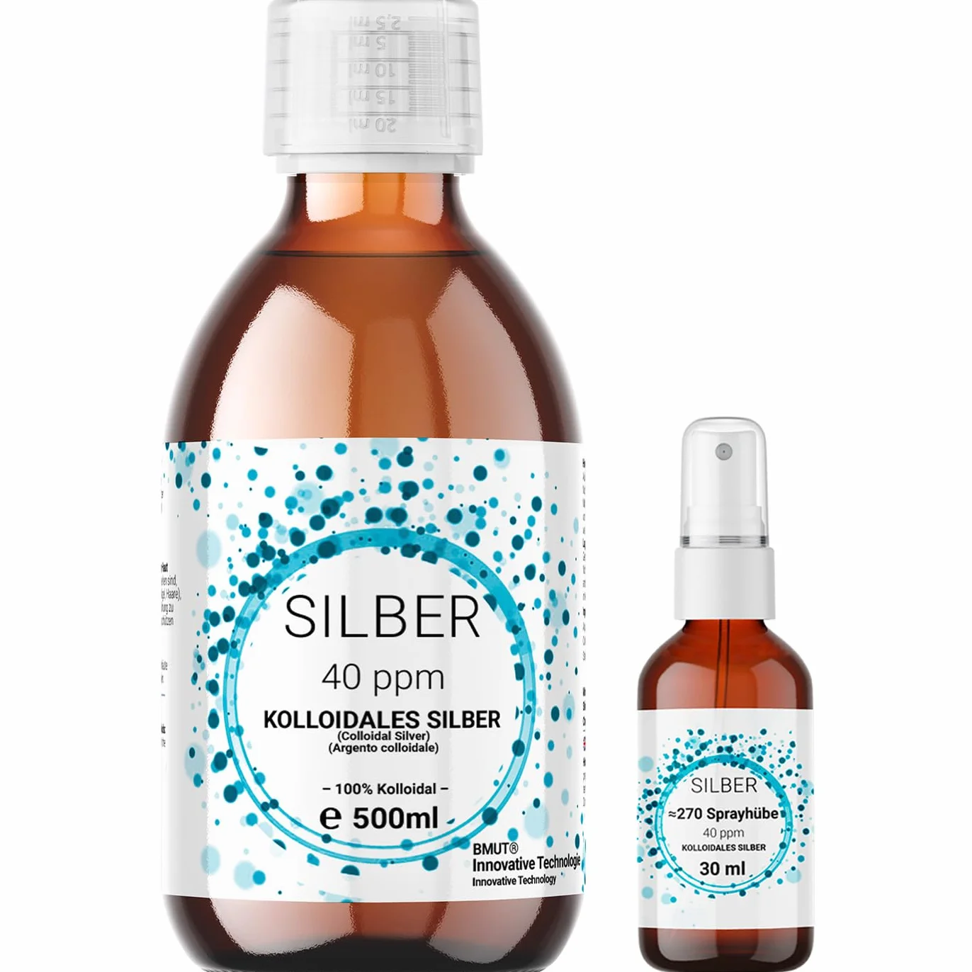 1 x 500 ml srebra koloidalnego (40 ppm) w brązowej szklanej butelce z rozpylaczem 30 ml, srebrna woda, czysta woda, 100% koloidalna