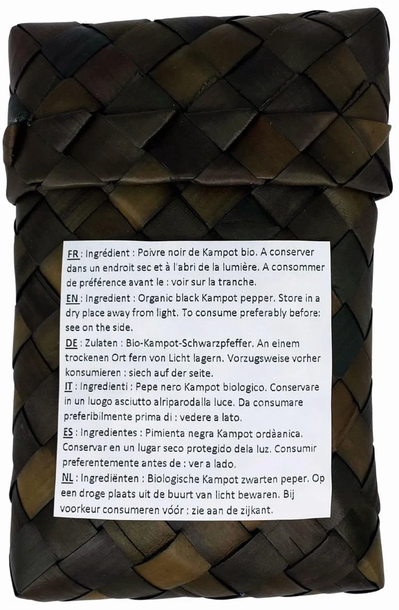 KHLA - Czarny pieprz Kampot Premium-GGA - 100 g - ziarna pieprzu w woreczku - tradycyjne opakowanie w liśćch palmowych