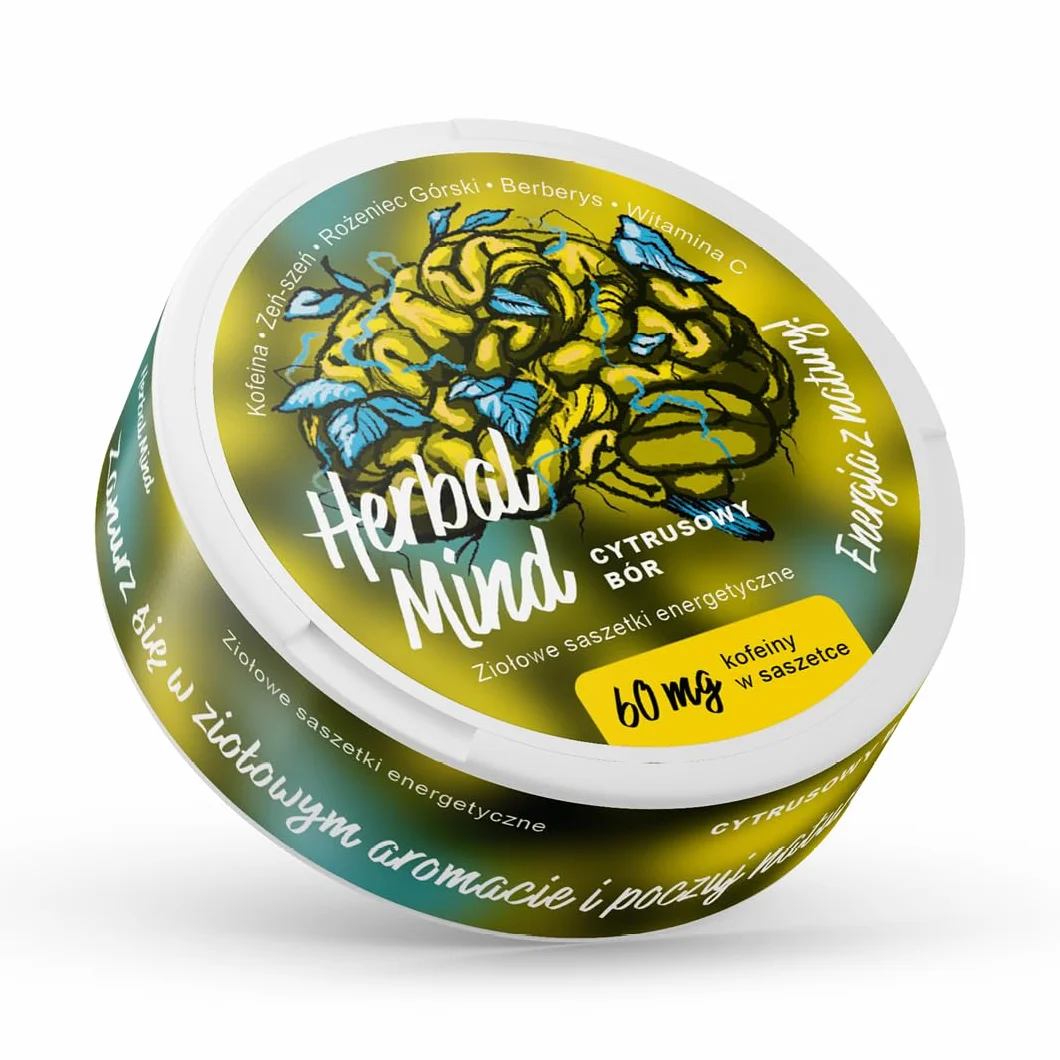 HerbalMind ziołowe saszetki energetyczne 60 mg kofeiny "Cytrusowy Bór" 20szt. Snusy kofeinowe z adaptogenami bez nikotyny. Woreczki energetyczne Herbal Pouches Żeń-szeń Rózeniec górski snus
