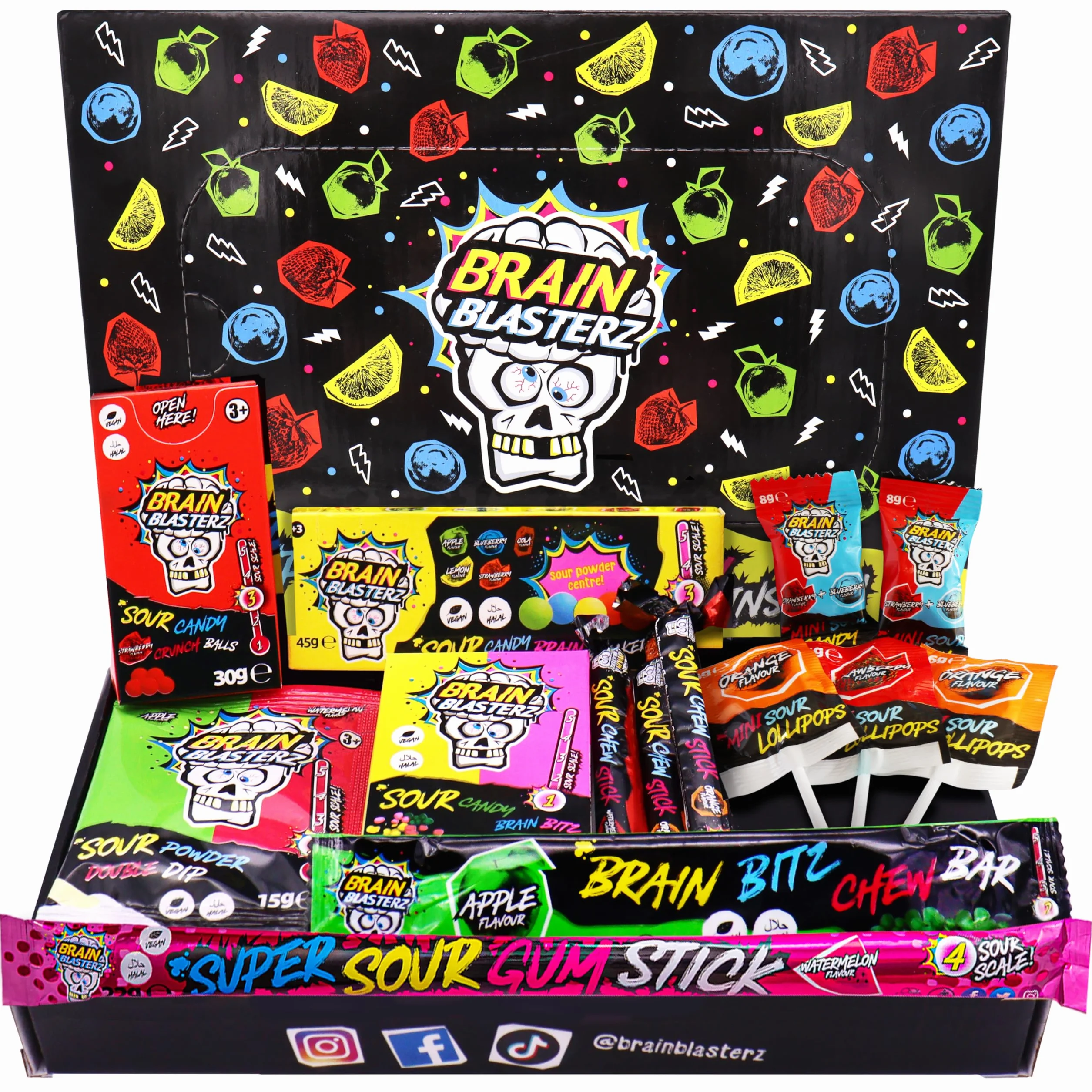 Pudełko na słodycze Brain Blasterz | Twarde Sour Candy, Brain Breakerz, Brain Bitz, Batony do Żucia i Więcej Kwaśnych Cukierków | Jabłko, Truskawka, Arbuz, Cola i Więcej | Prezent urodzinowy Prezent
