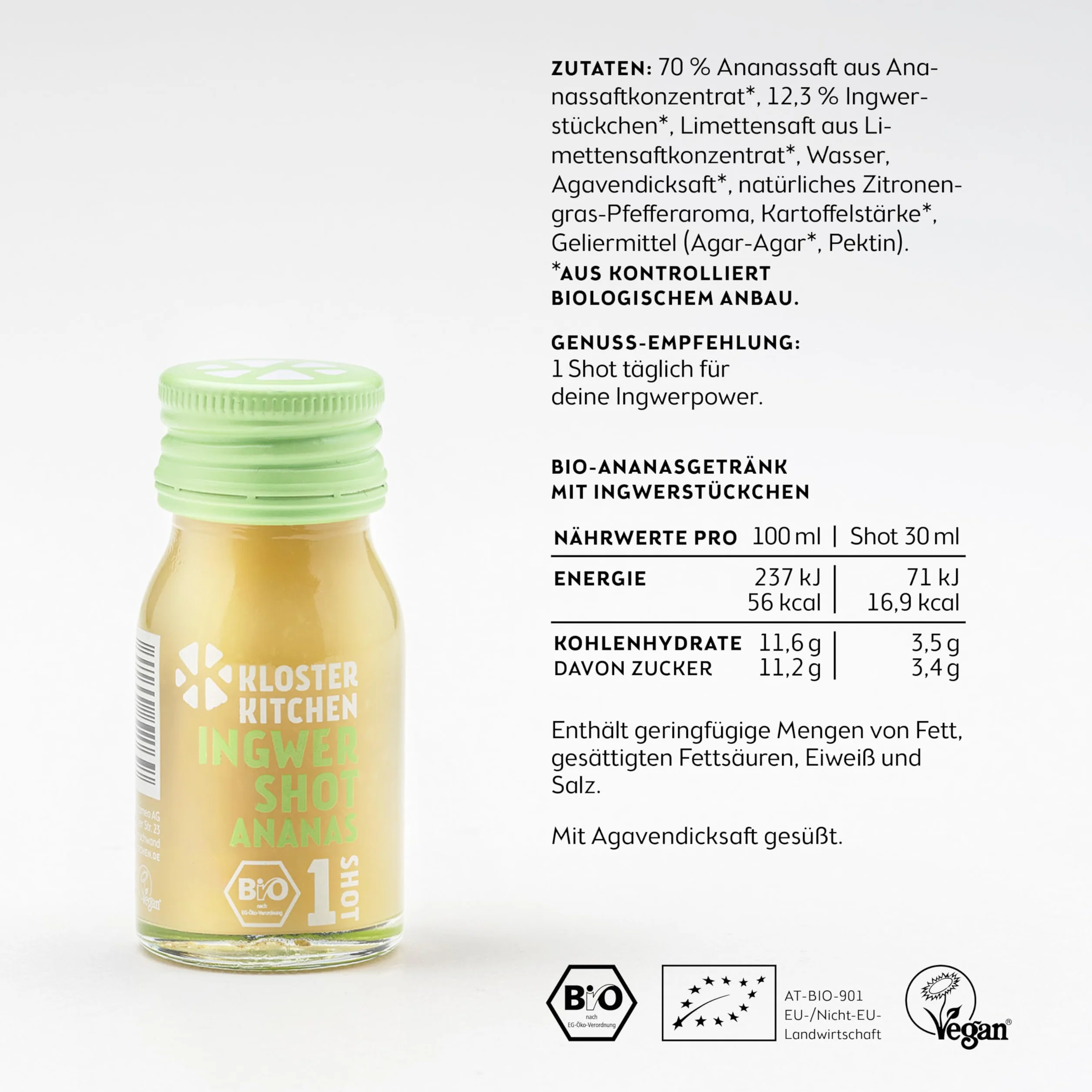 Kloster Kitchen Bio Imbir Shot Ananas 28 x 30 ml Wegański Shot w Szklanej Butelce To Go Słodko-Ostry