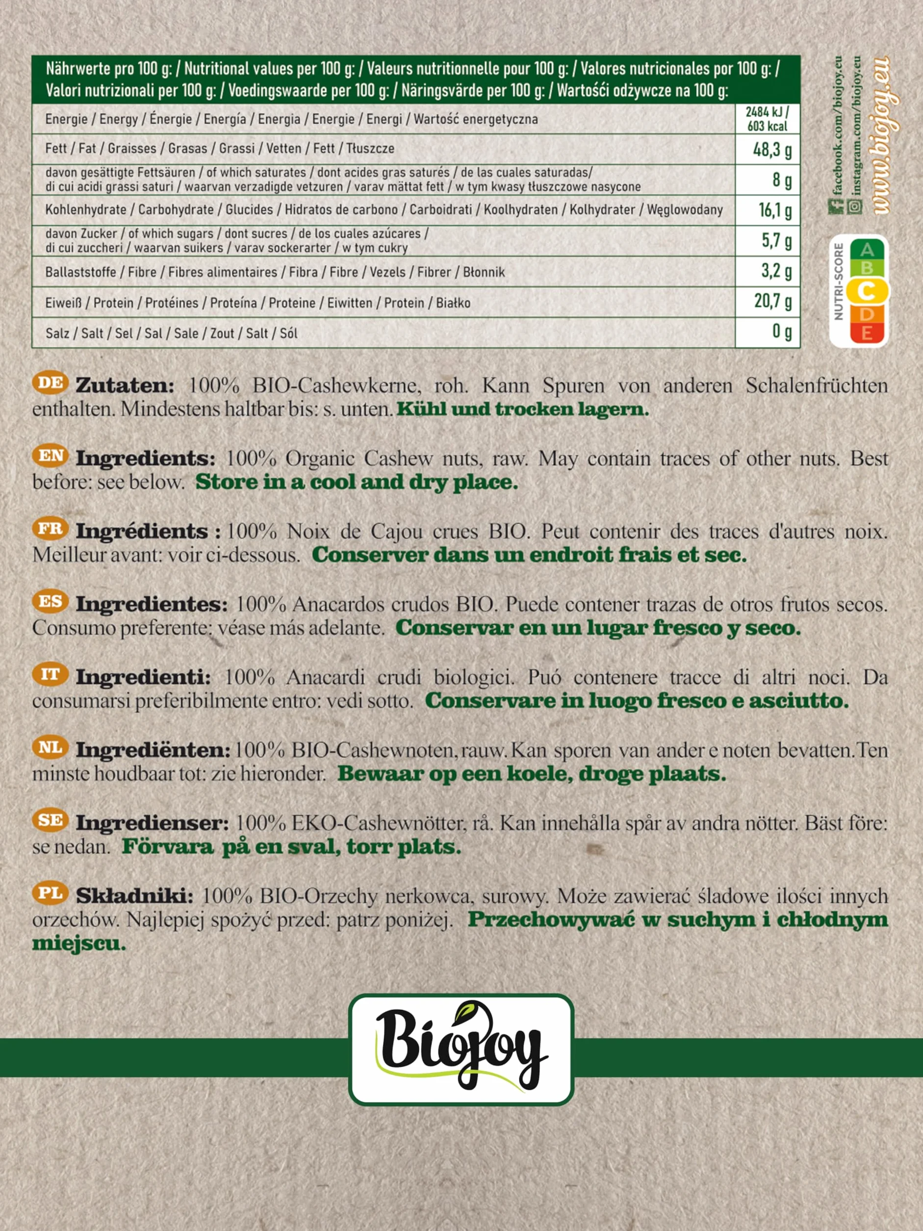 Biojoy BIO Orzechy nerkowca, surowe i nieprzetworzone, Anacardium occidentale (250 g)