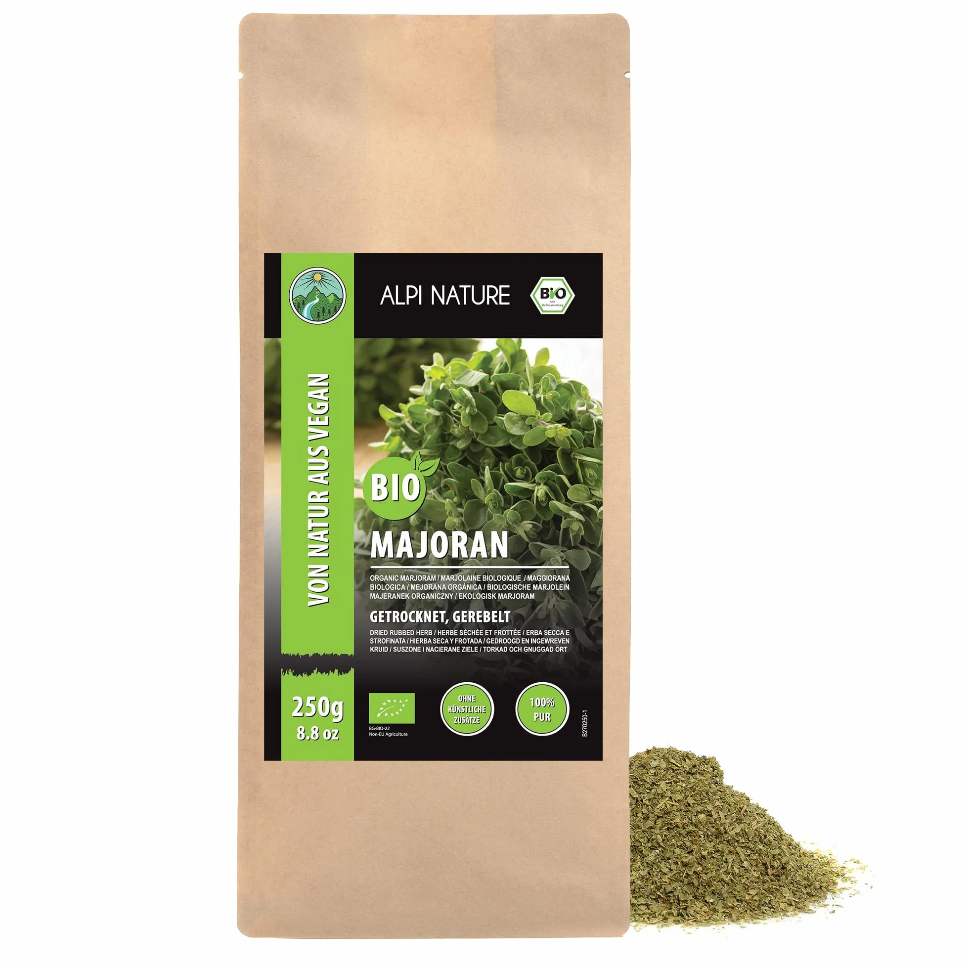 Alpi Nature Bio Majoran Reblelt (250 g) suszone majoran z kontrolowanej uprawy organicznej bez glutenu bez laktozy testu laboratoryjnego wegańskiego 100% naturalnego