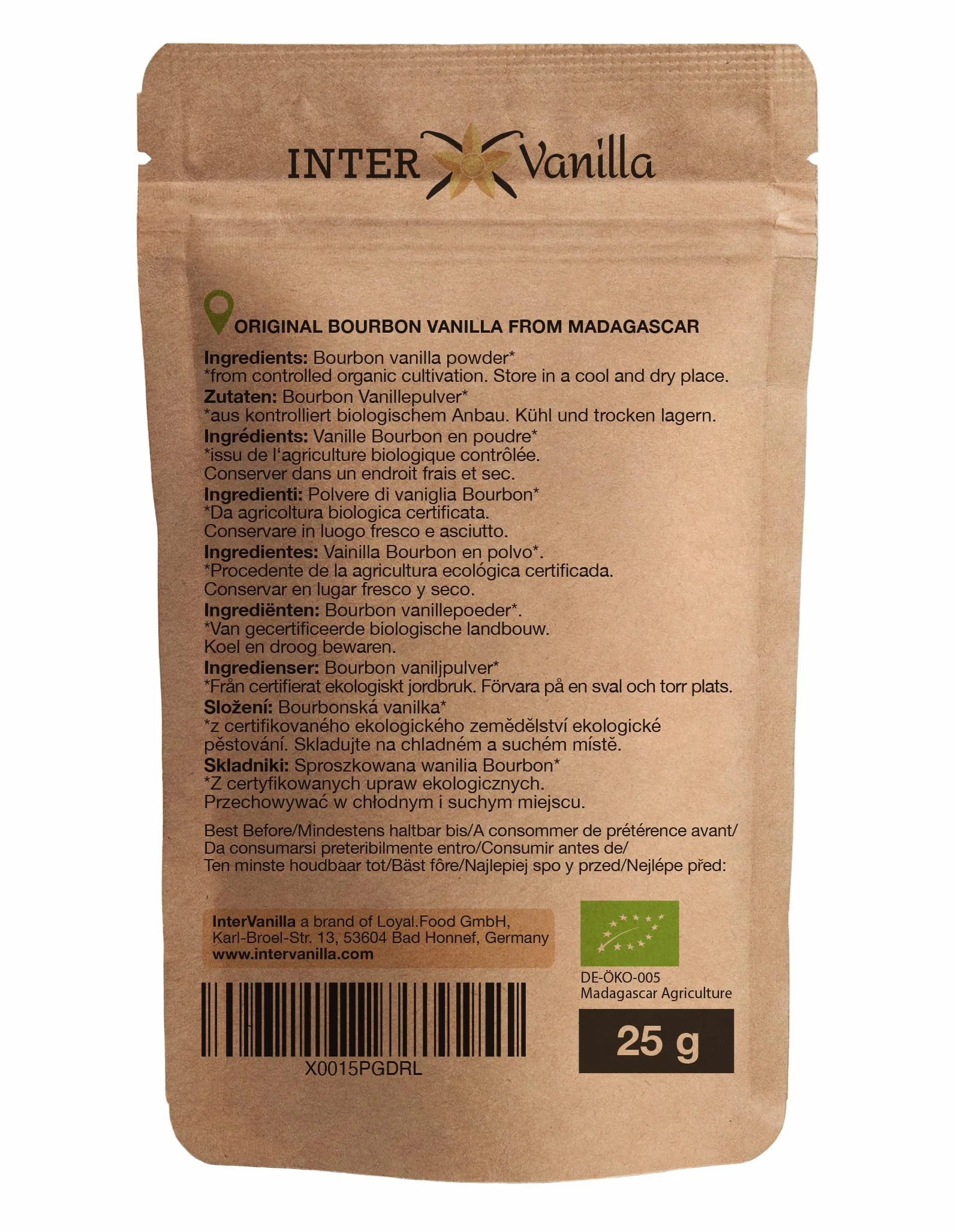 InterVanilla BIO Bourbon proszek waniliowy, 25g zmielonego proszku wanilii Bourbon. Proszek waniliowy z Madagaskaru. Zmielona wanilia bez dodatków