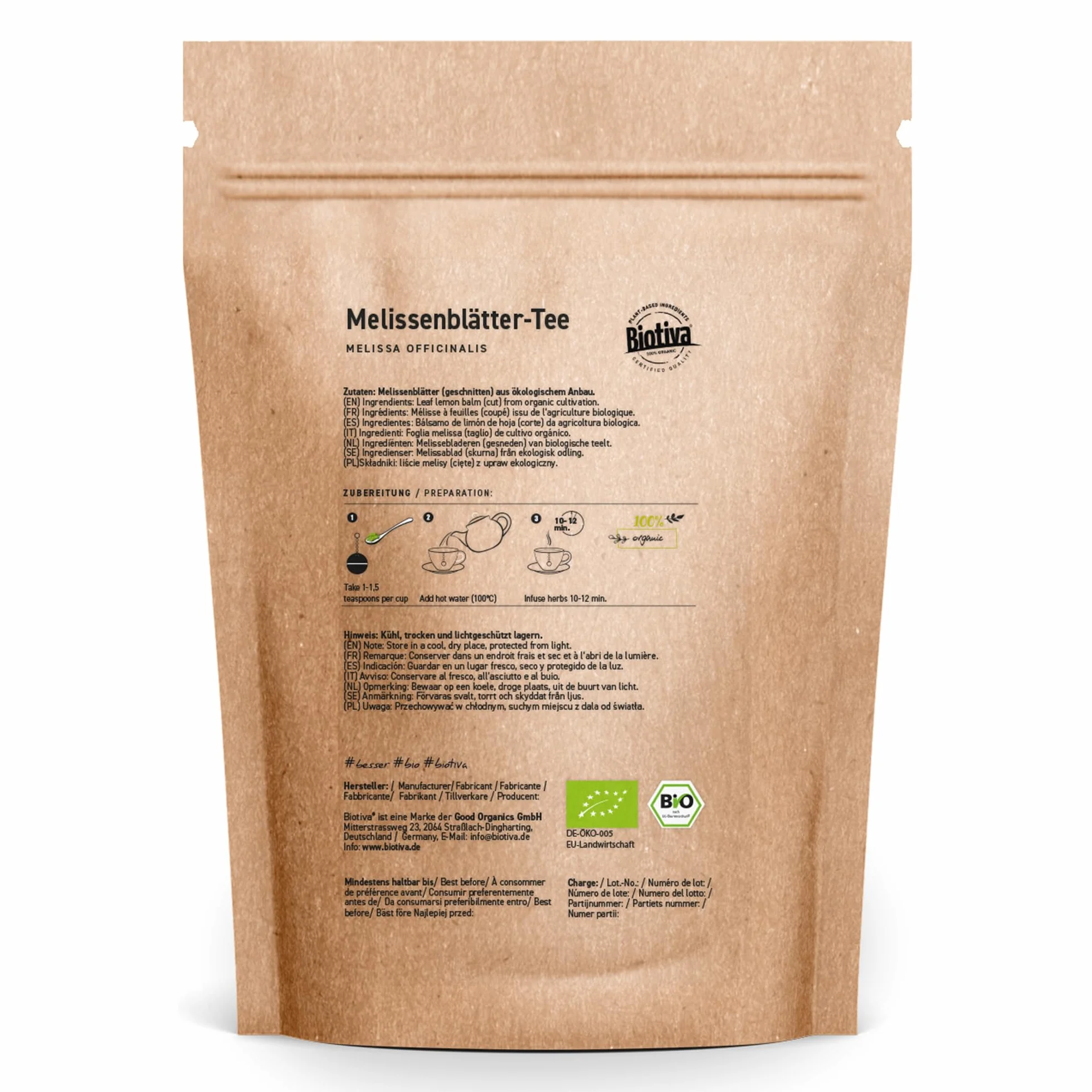 Biotiva Melisse Herbata Bio 100 g – Melissa officinalis – suszona liście melisy – herbata ziołowa – wegańska – bez dodatków – butelkowana i certyfikowana w Niemczech (DE-Öko-005)