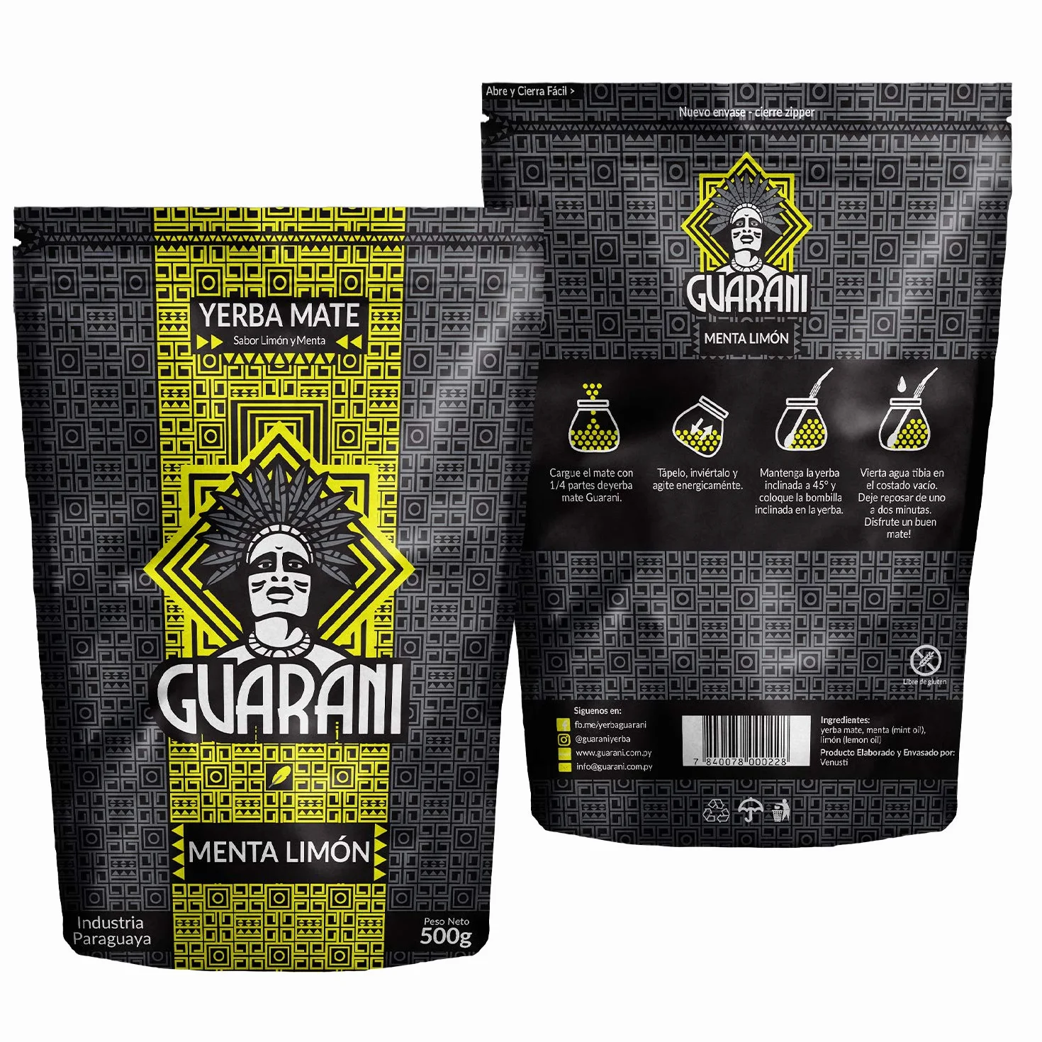 Guarani Menta Limón | Yerba mate miętowo-cytrynowa | Orzeźwiająca | Doskonała na ciepło i na zimno | Herbata yerba mate z Paragwaju (500, 500)