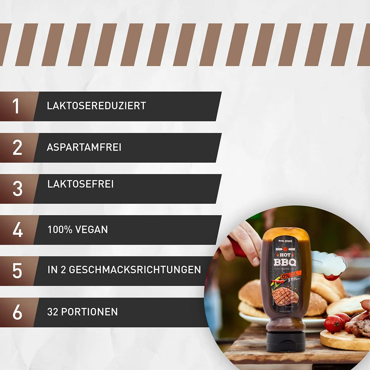MNIEJ CUKRU I NIEBIEŻO TŁUSZCZONY - Sos Body Attack BBQ zawiera zarówno 0% cukru, jak i 0% tłuszczu. Dzięki temu nasz sos idealnie nadaje się do każdej diety.