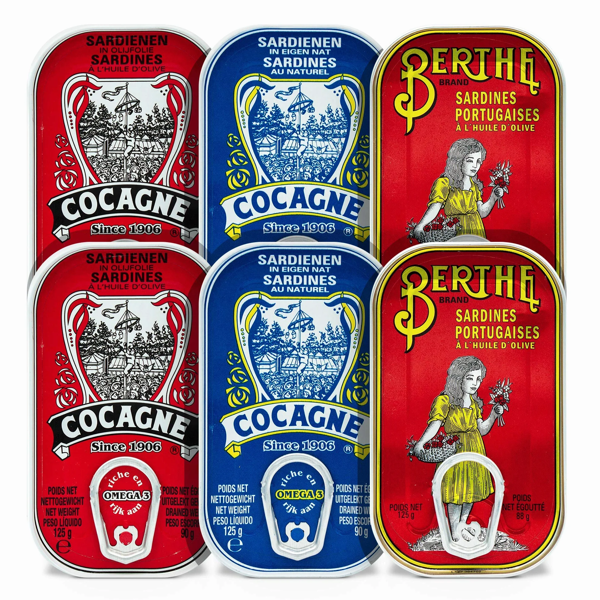 Zestaw portugalskich zasłon | 3 rodzaje | 6 puszek | 6 x 125 g | Cocagne | Berthe | Ramirez | Portugalia