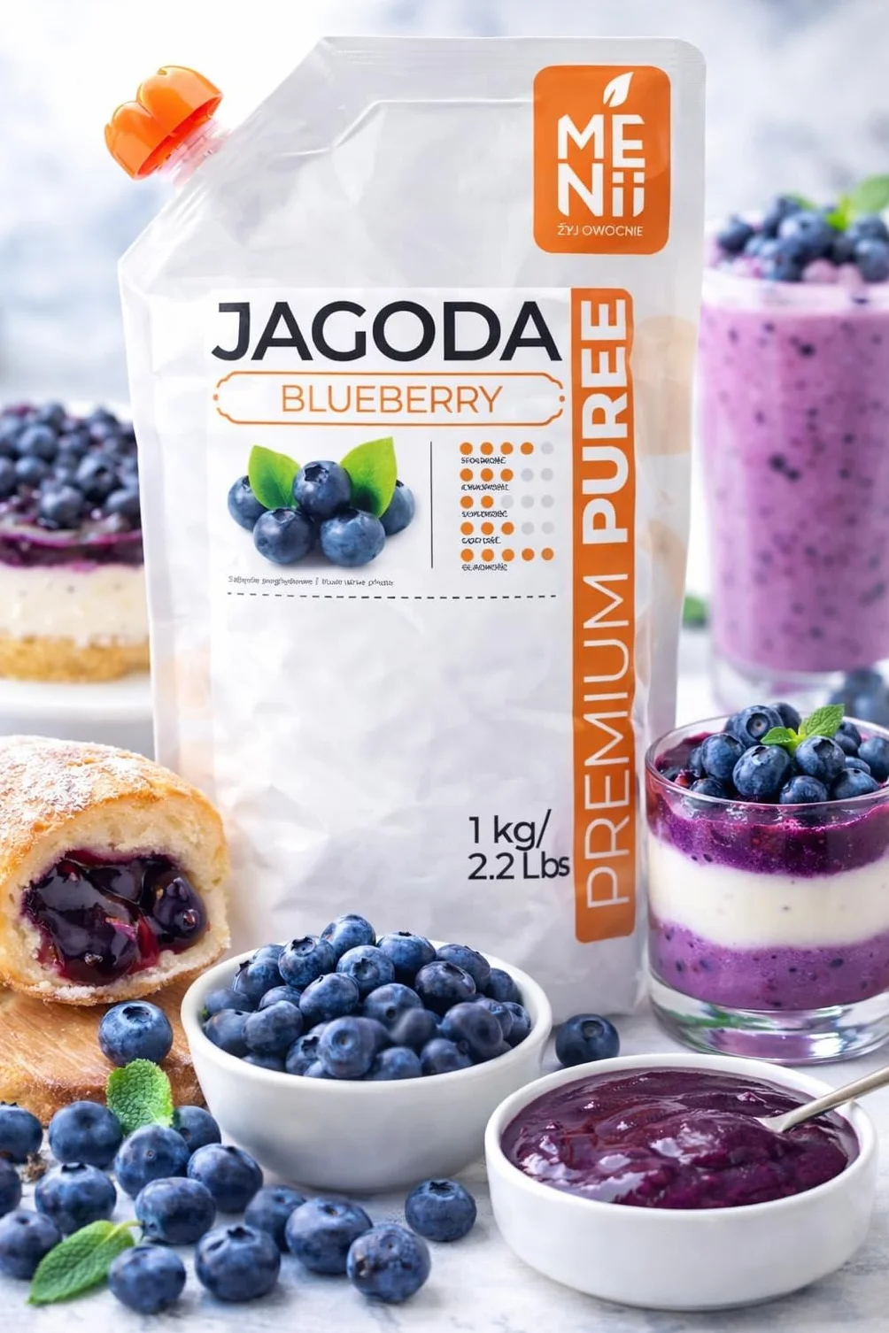Premium Puree Jagoda 1 kg – Naturalne puree jagodowe 90% owoców + 10% cukru | Bez konserwantów i barwników | Do wypieków, deserów, lodów, koktajli, smoothies, Jagody Pulpa