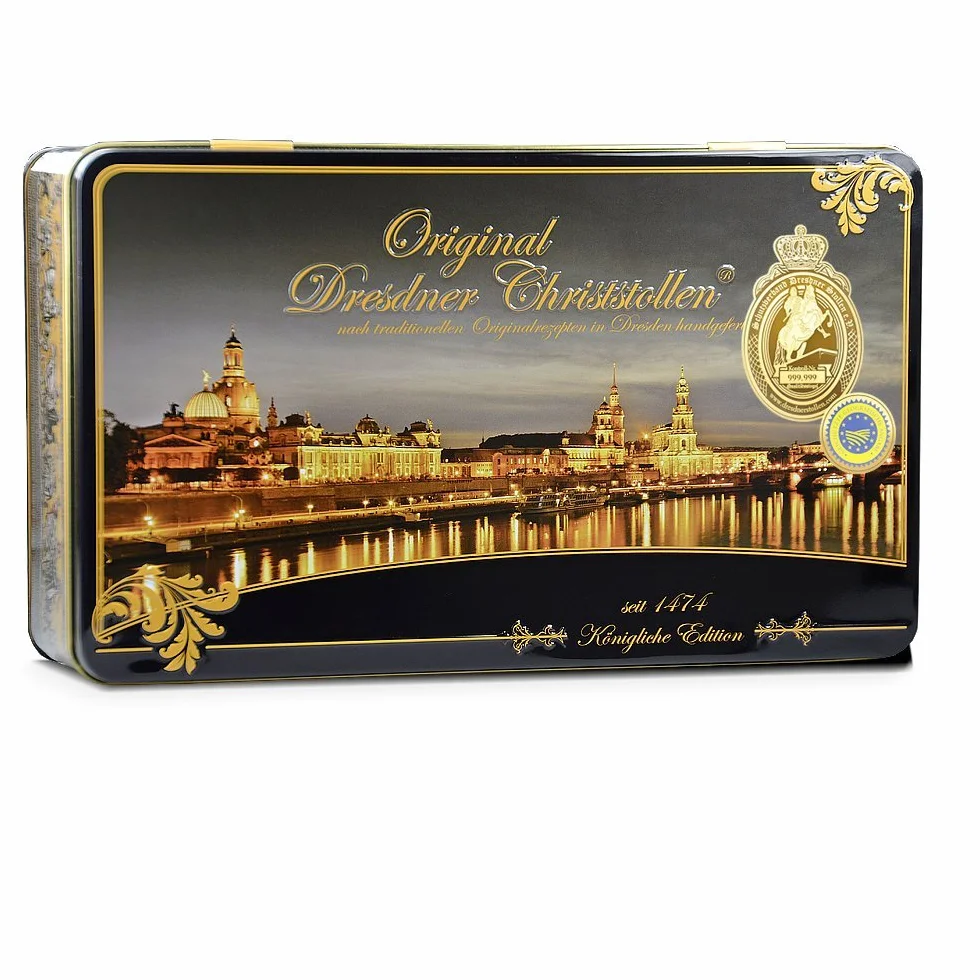500 g ręcznie wykonany "Original Dresdner Christstollen®" w aluminiowej puszce prezentowej z motywem "Canaletto bei Nacht"