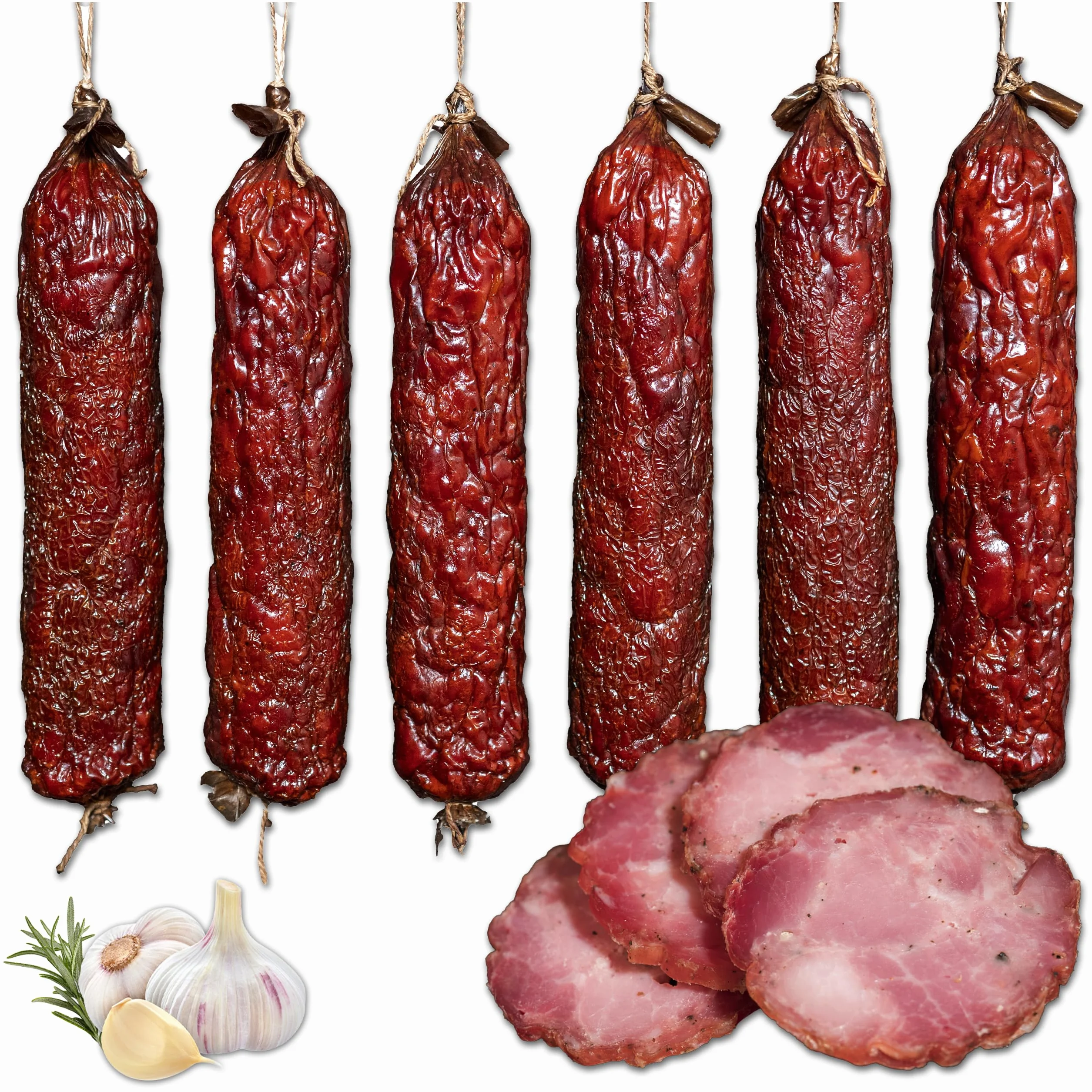 Kiełbasa Królewska Sucha - Domowa Suszona kiełbasa wieprzowa marynowana z ziołami i tradycyjnie wędzona – domowa, ręcznie wykonana kiełbasa z dużych kawałków szynki (300g)