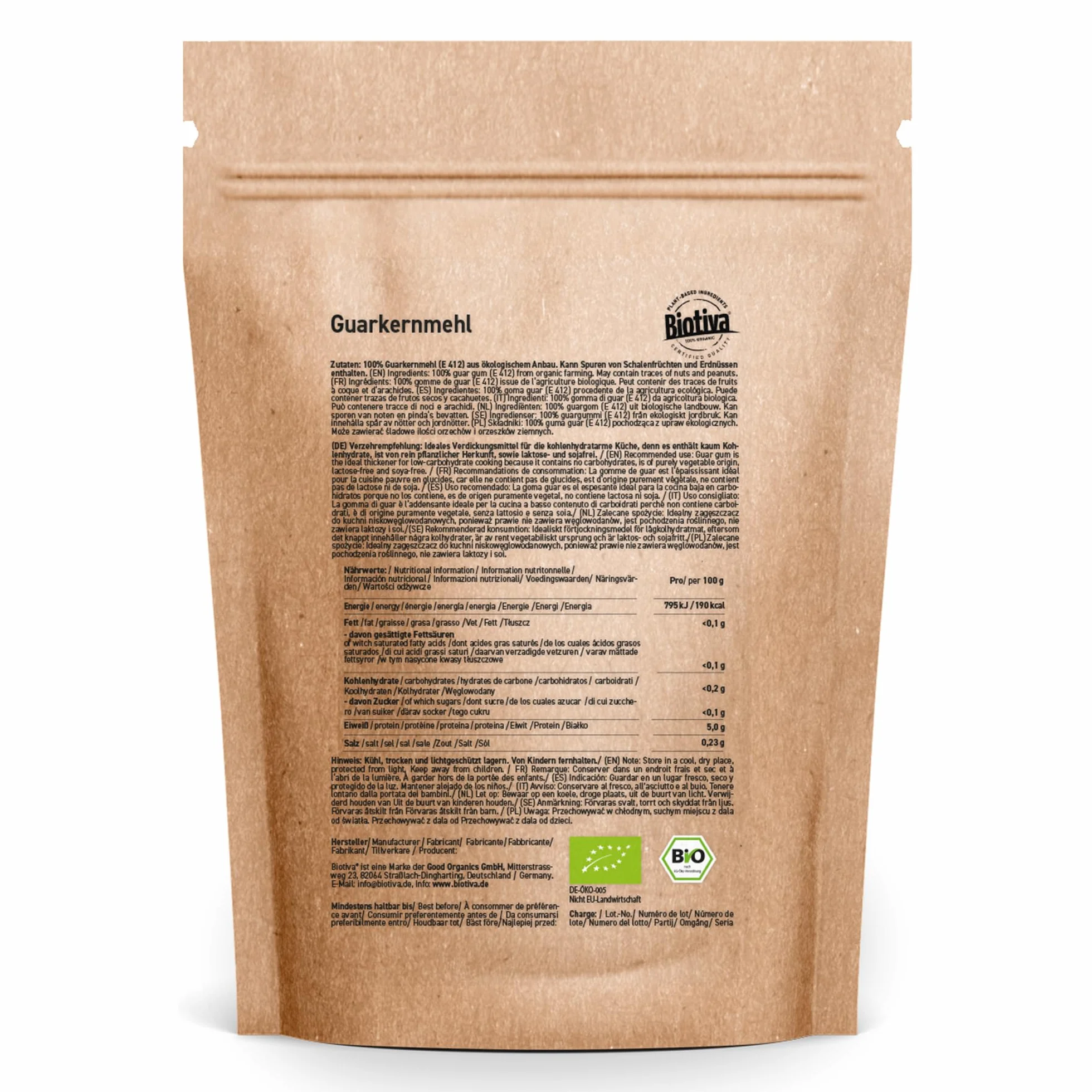Organiczna guma guar 500g - z ziaren guar - 100% naturalna - najwyższa siła wiązania - wegański środek wiążący i substytut żelatyny - certyfikowana i butelkowana w Niemczech - Biotiva