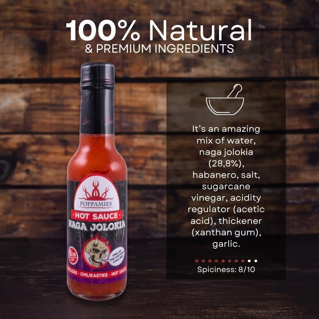 Poppamies Naga Jolokia Hot Sauce - bezglutenowy, bez laktozy, wegański - Pikantność: 8/10-150ml