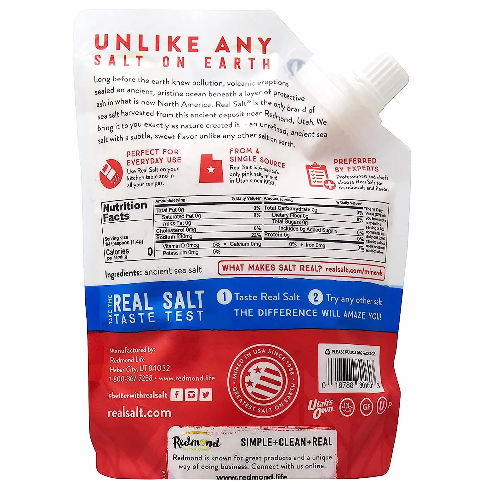 Redmond Real Sea Salt Natural Unrefined Organic Kosher, 16 Ounce Pouch (1 Pack)