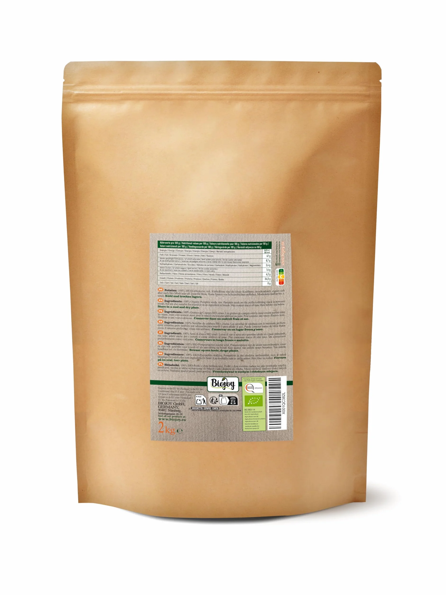 Biojoy BIO-Pestki z dyni bezłuskowej, naturalne, niesolone 2 kg