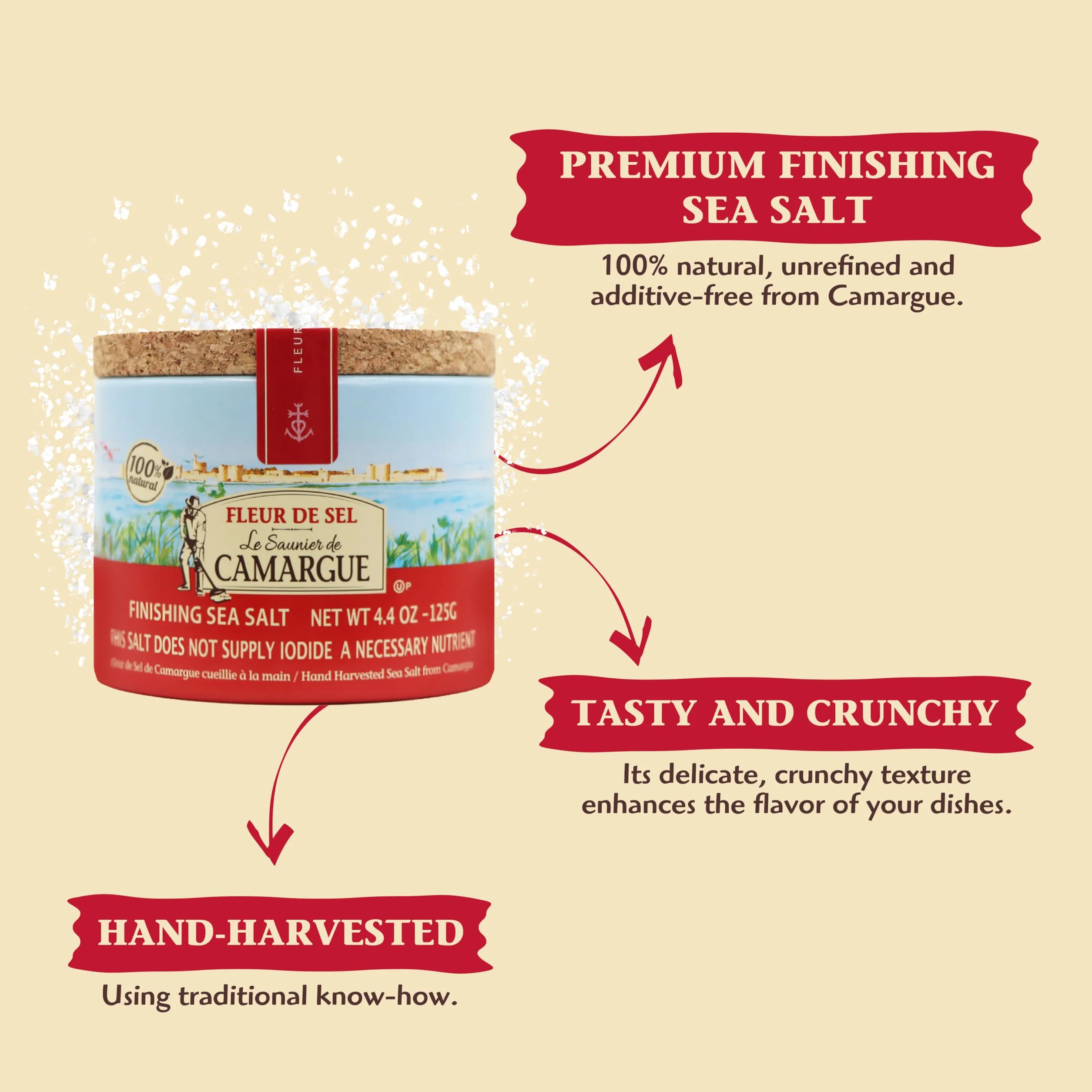 Le Saunier De Camargue Fleur De Sel Sea Salt, 4.4 oz Canisters Pack of 3