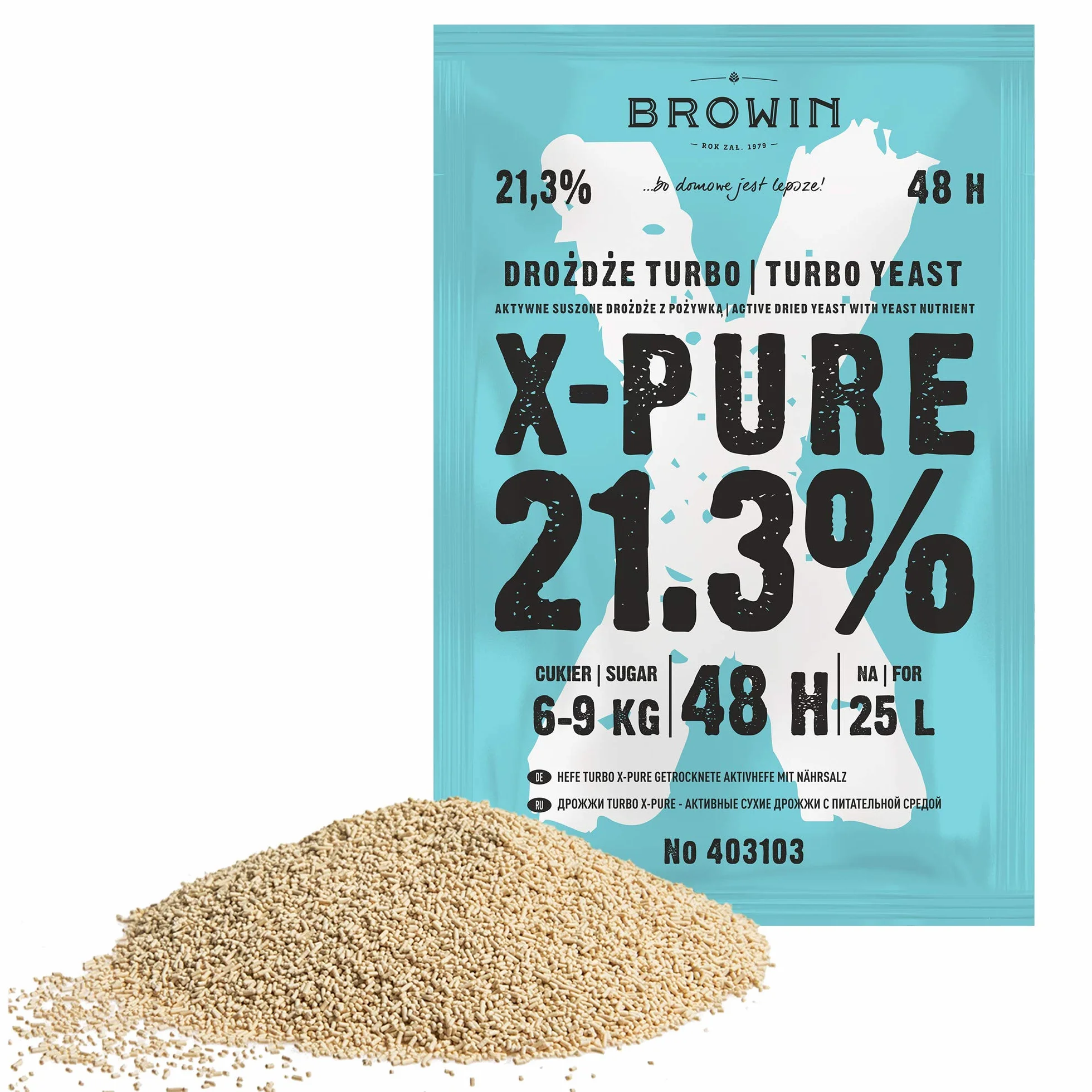 Browin 403103 Drożdże Turbo X-Pure 21,3%, 48h - do nastawów wysokoprocentowych, cukrowych, owocowych i zbożowych, na 25 L nastawu, 135 g!