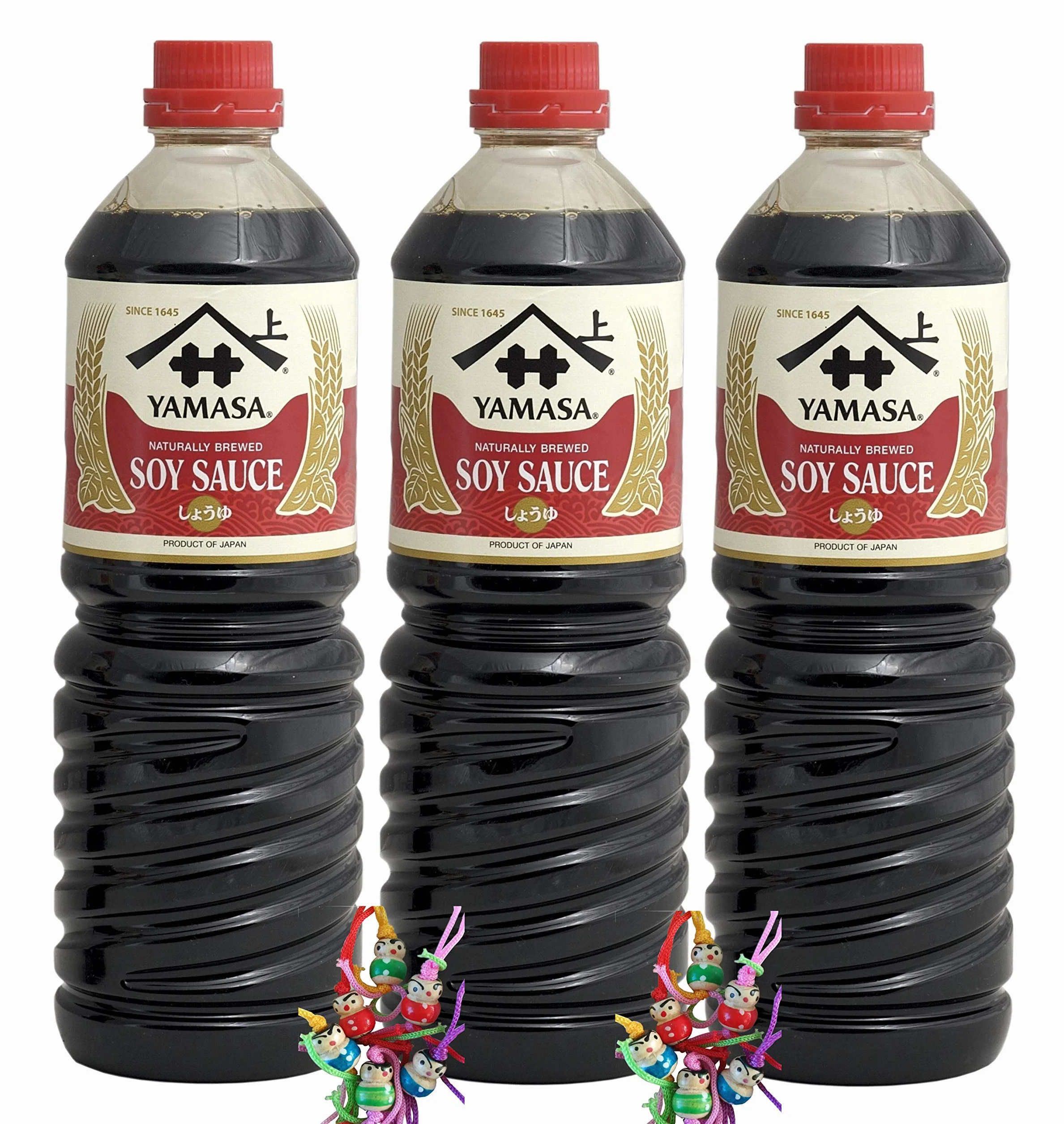 Sos sojowy YAMASA z Japonii naturalnie warzony 3 x 1000 ml + drewniana lalka na szczęście
