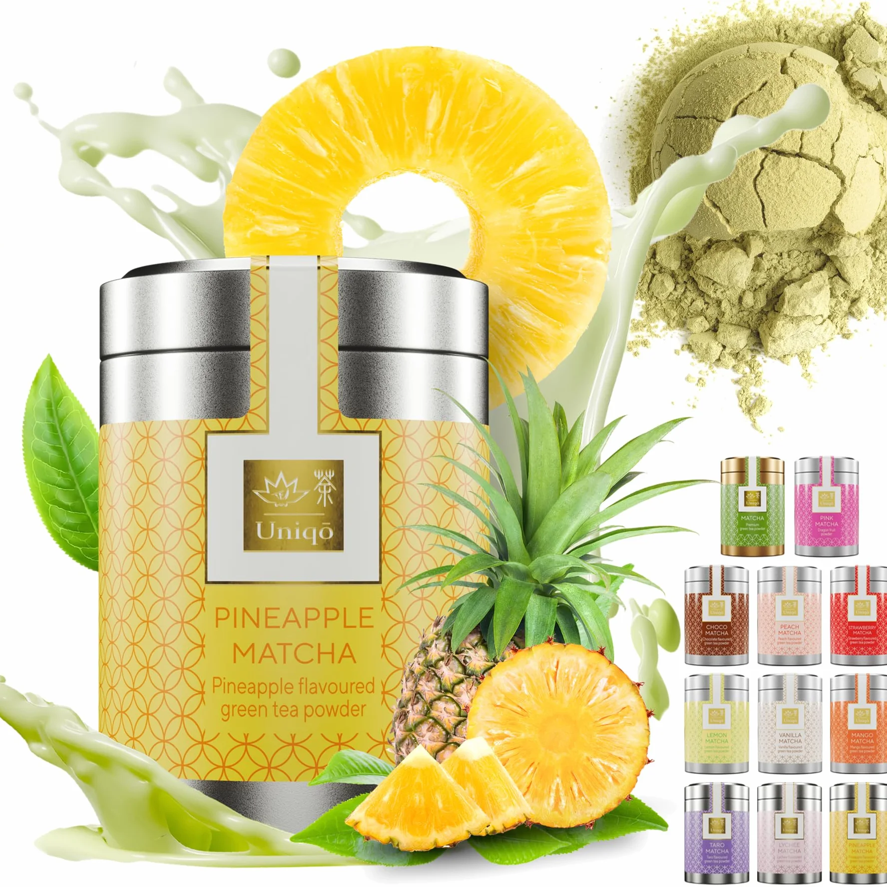 Tea Uniqo Ananas matcha latte herbata w proszku, idealna do bubble tea, koktajli lub picia bez dodatków, japońska herbata macha w proszku o smaku ananasa, bez sztucznych barwników w szlachetnej puszce
