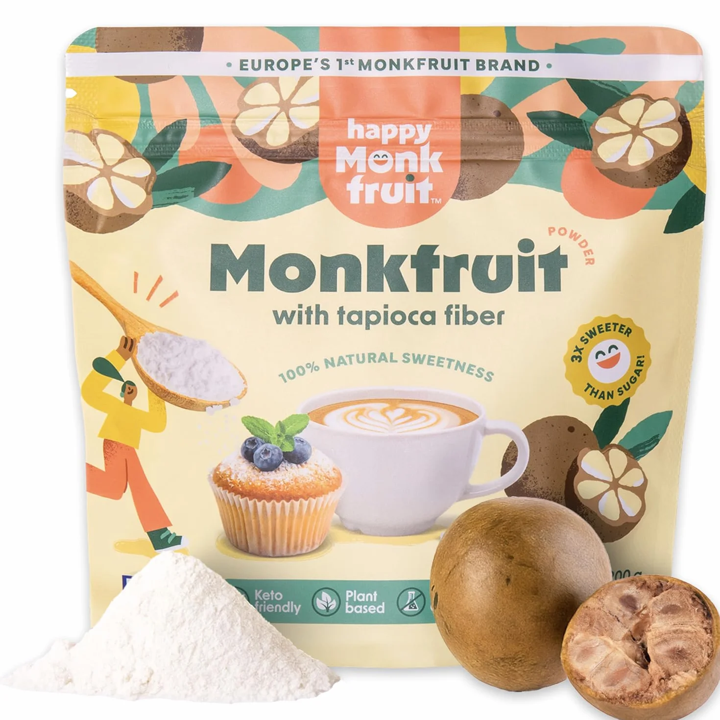 Słodzik z owocu mnicha w proszku Happy Monkfruit® 200 g 3× słodszy od cukru naturalny keto niskowęglowodanowy z błonnikiem prebiotycznym 150 porcji